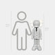 The Giant Sculptures Soft Grey Suit Iconify Director Sculpture stands 130 cm tall beside a 160 cm silhouette on a height chart. The modern artistry of this unique resin piece is highlighted against a plain white background.
