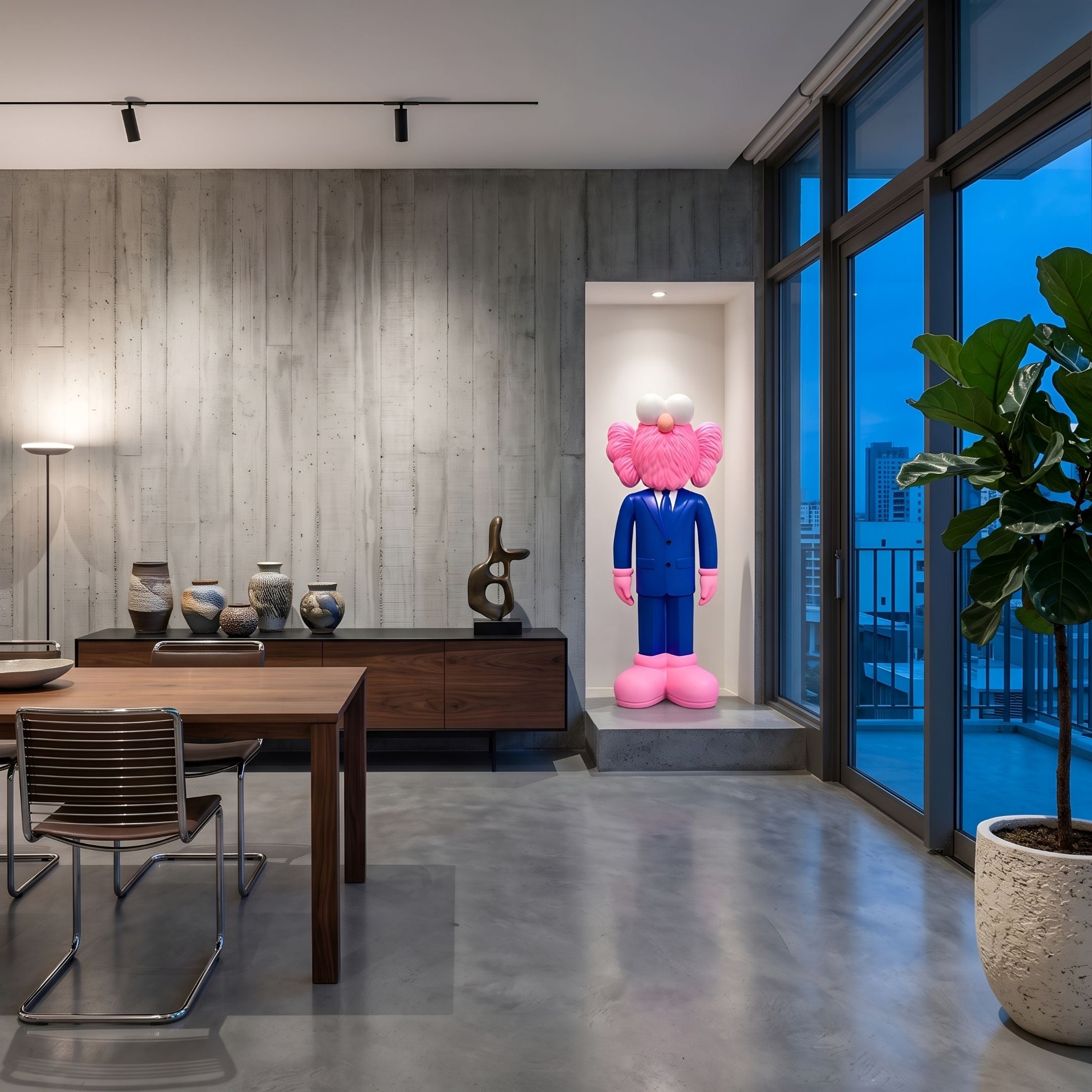 Cobalt Blue Suit Iconify CEO Sculpture, 130cm, pink figure in a cobalt blue suit, displayed in a wall niche in a modern dining and lounge space.