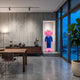 Cobalt Blue Suit Iconify CEO Sculpture, 130cm, pink figure in a cobalt blue suit, displayed in a wall niche in a modern dining and lounge space.