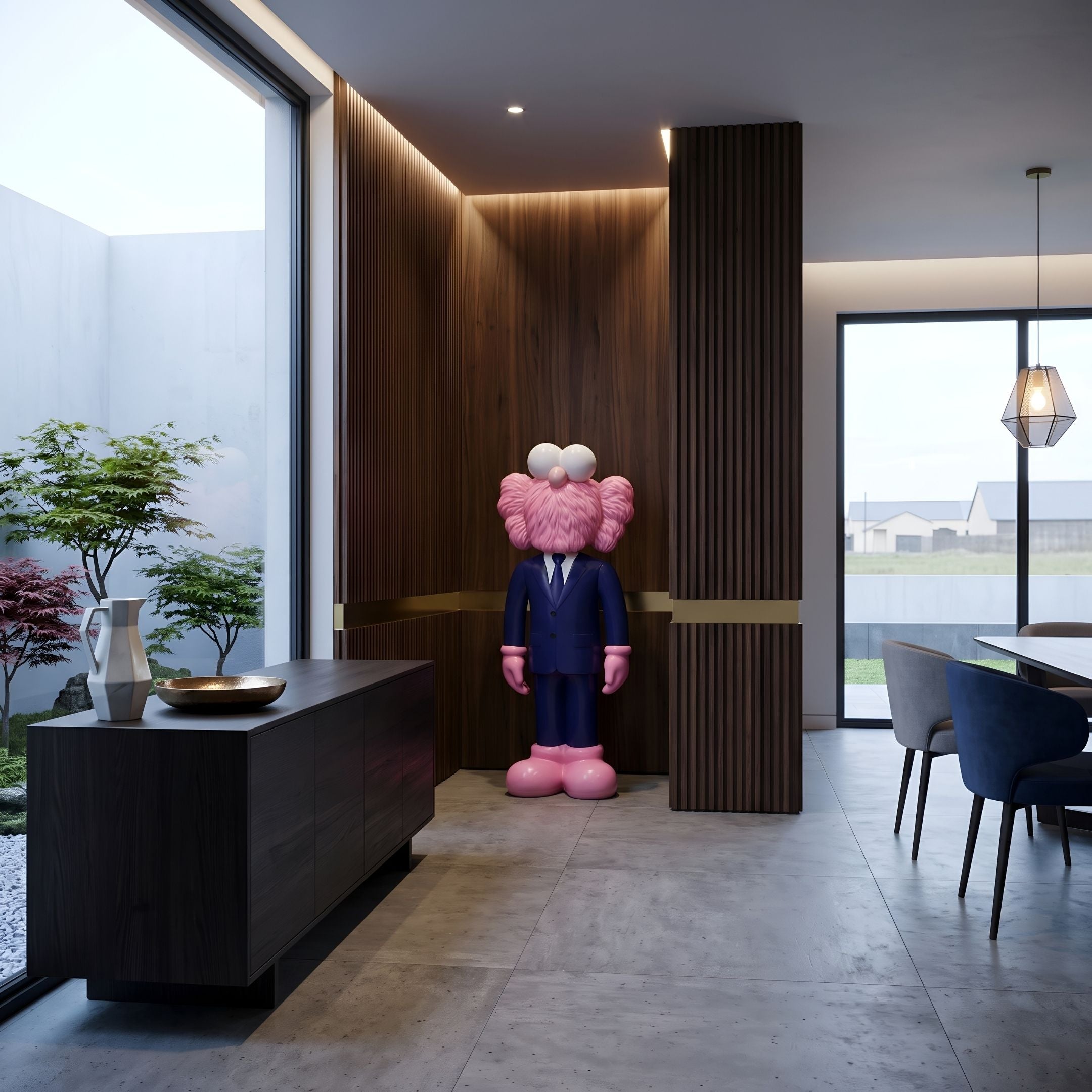 Deep Navy Blue Suit Iconify CEO Sculpture, 130cm pink figure in navy suit, displayed in an entryway beside a dark sideboard and wood-paneled wall.