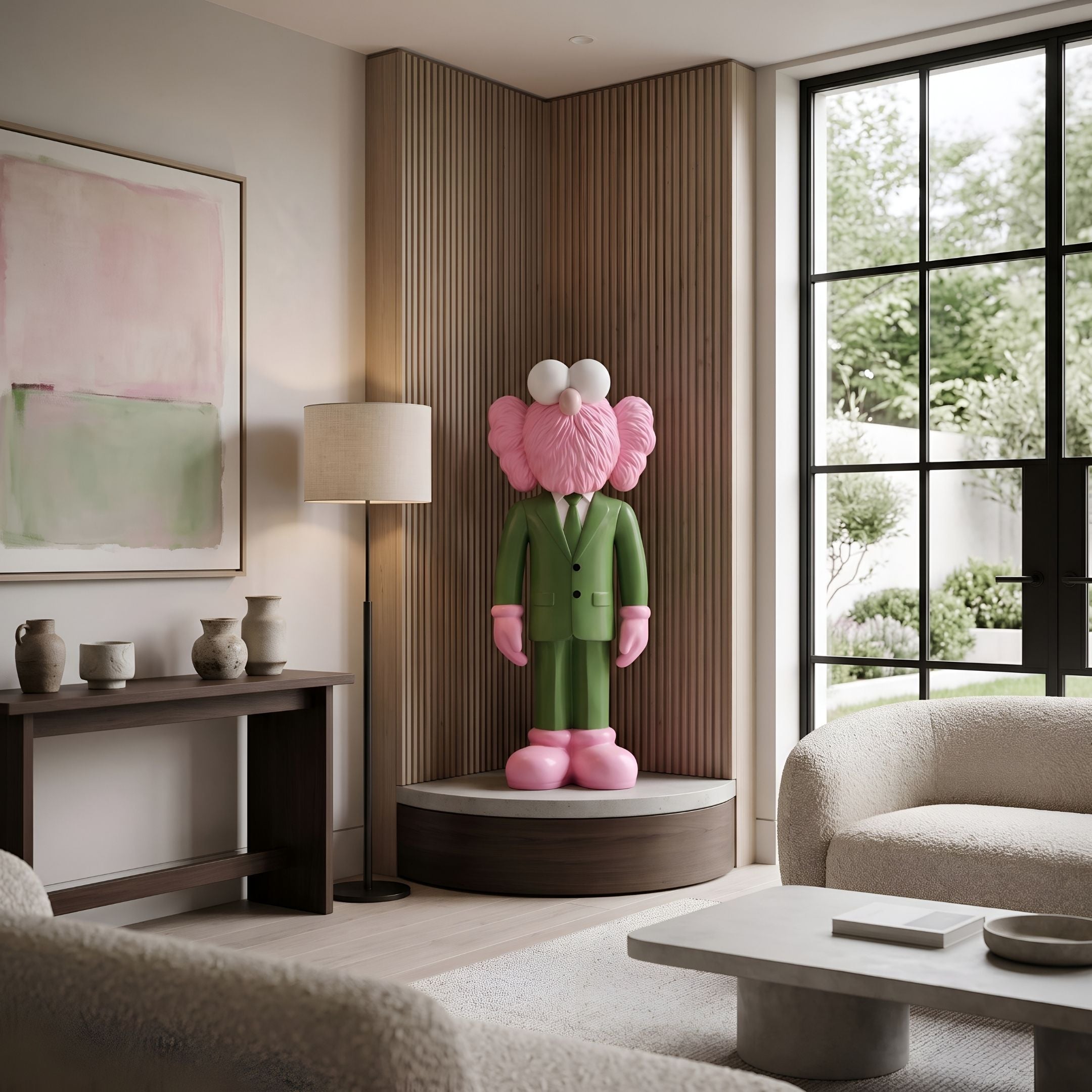 Forest Green Suit Iconify CEO Sculpture, 130cm, pink figure in a green suit on a round platform in a living room corner with wood slat wall and floor lamp.