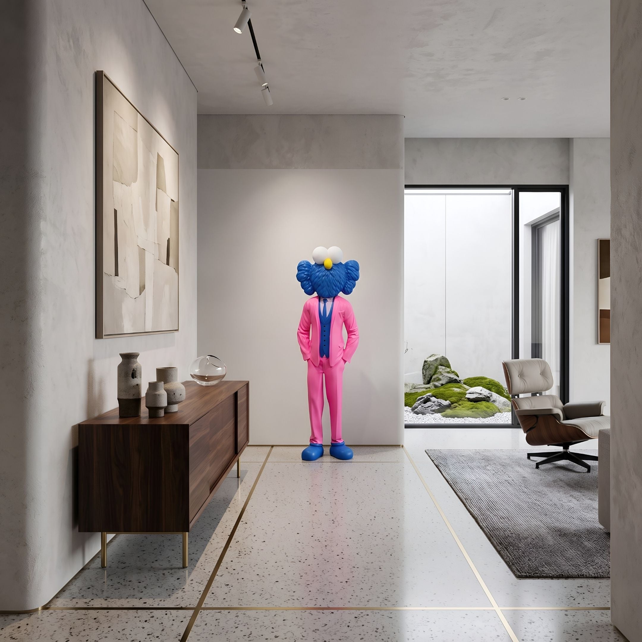 Vibrant Fuchsia Suit Iconify CEO Sculpture, 130cm, blue-headed figure in a fuchsia suit, displayed in a modern hallway near a wood sideboard.