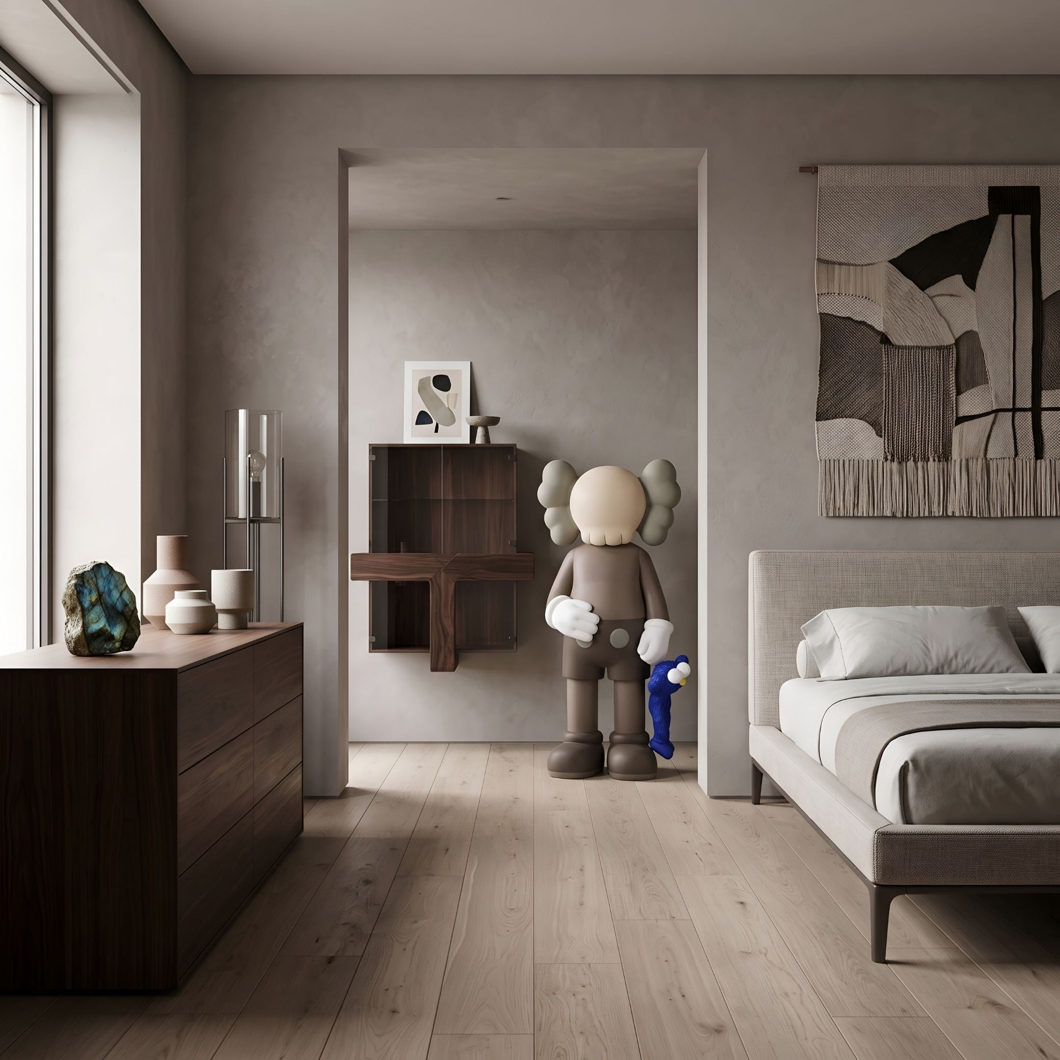 Hazelnut Brown Iconify Blue Furry Toy Sculpture, 130cm, in a bedroom nook beside a wooden wall cabinet, dresser, and upholstered bed.