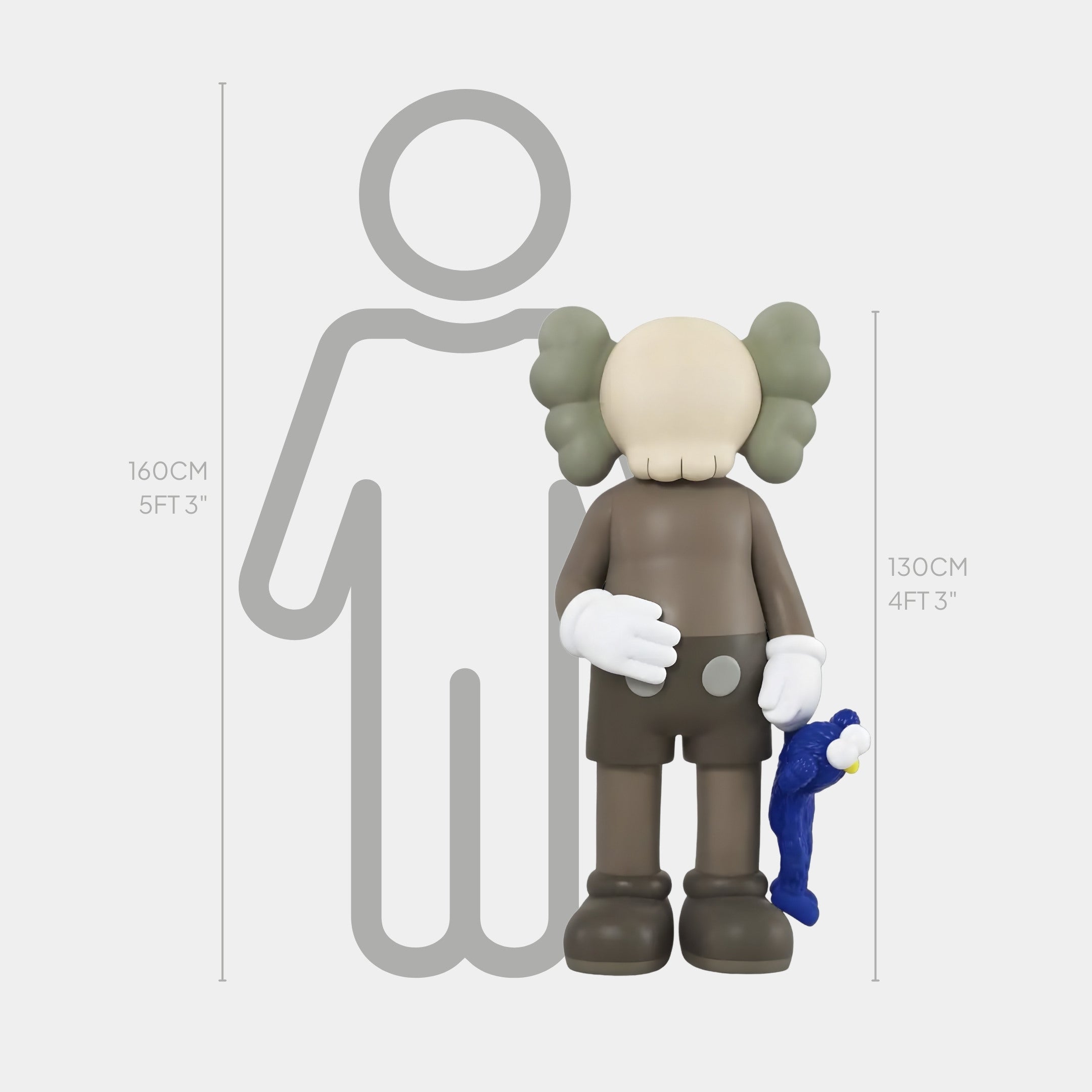 Vinyl figurine with a skull-like face and crossbones holding Giant Sculptures Hazelnut Brown Iconify Blue Furry Toy Sculpture - 130cm, standing next to silhouette height markers at 160 cm and 130 cm, embodying contemporary aesthetics.