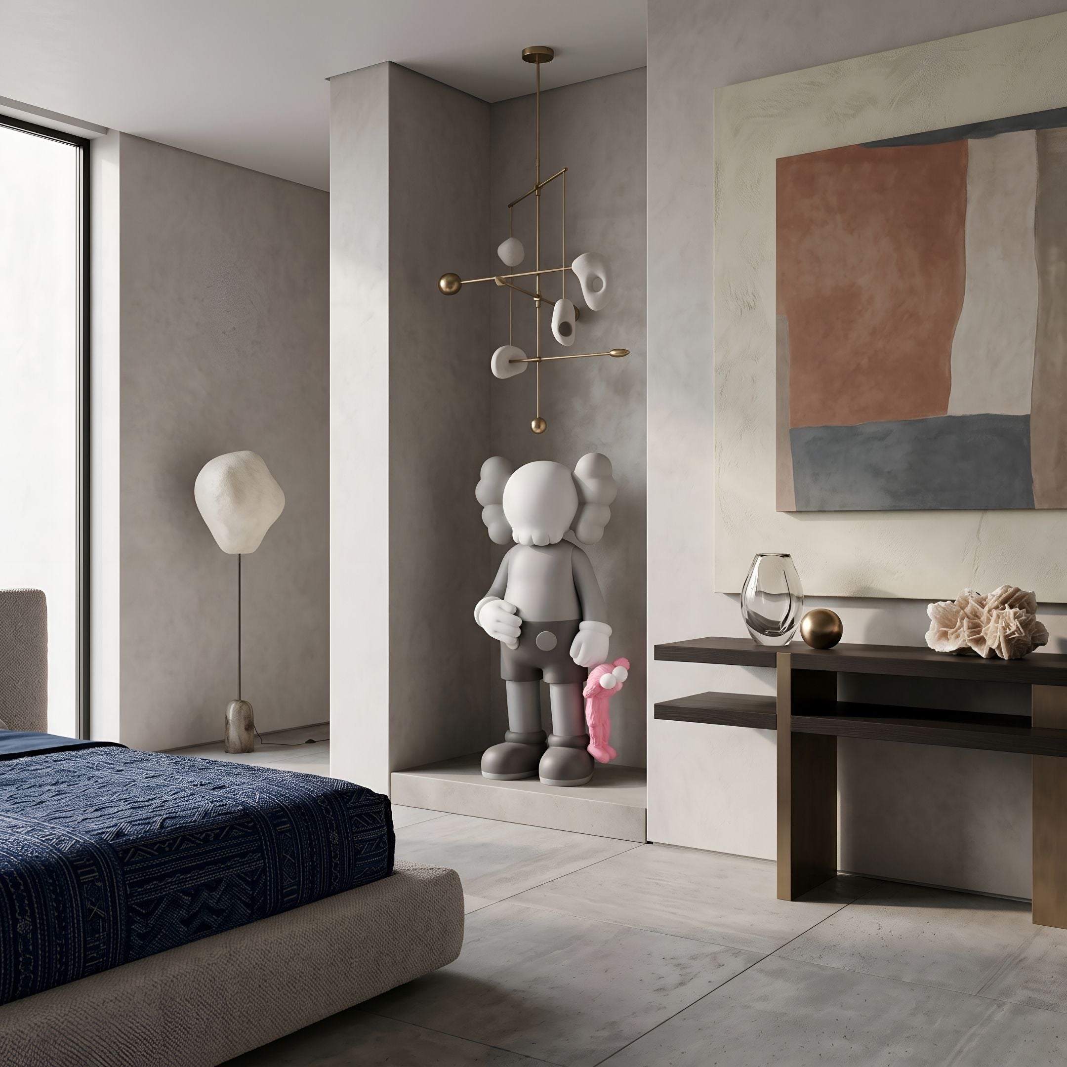 Soft Grey Iconify Pink Furry Toy Sculpture, 130cm, standing grey figure holding a small pink companion, displayed in a bedroom niche beneath a sculptural pendant light.