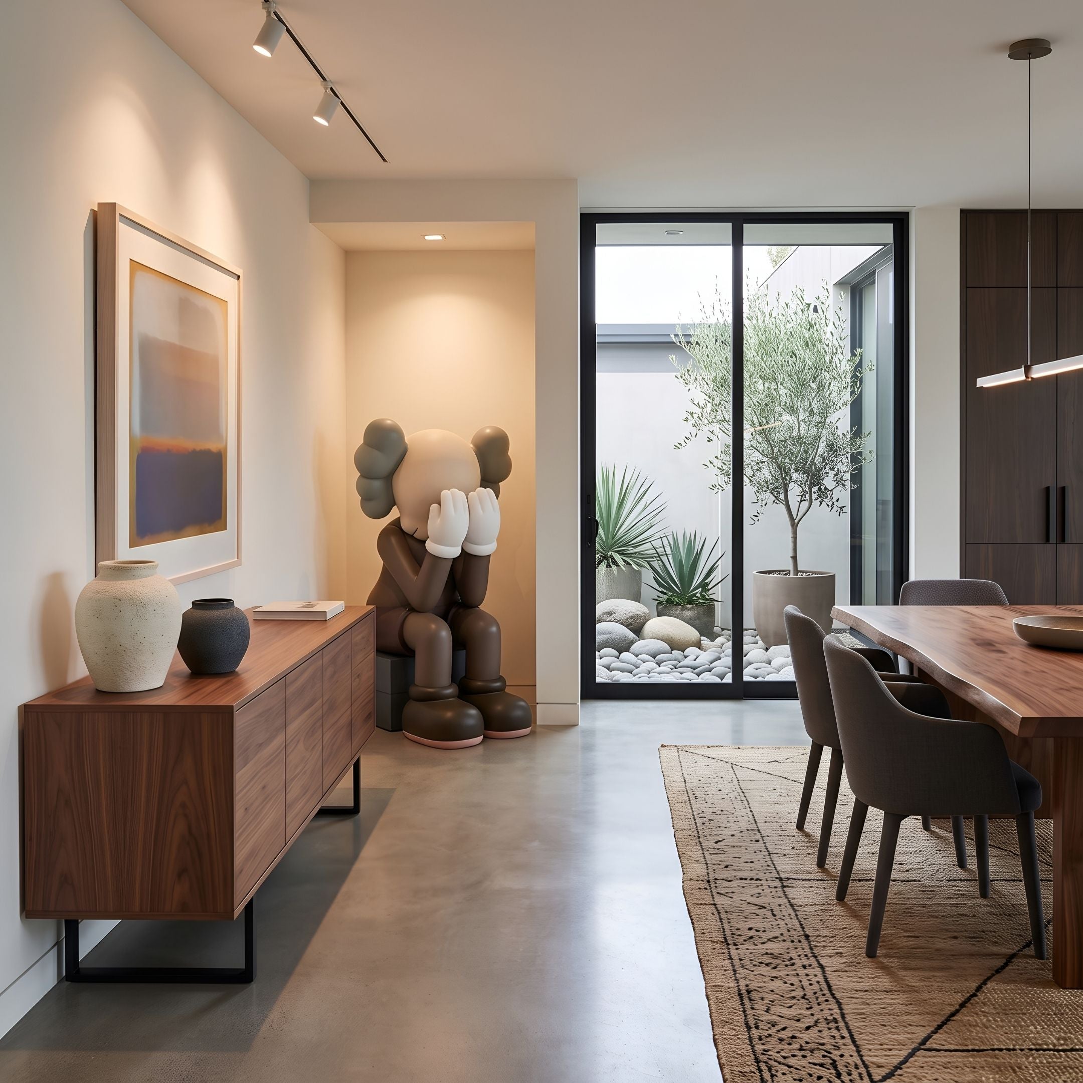 Hazelnut Brown Iconify Melancholy Sitting Sculpture, 130cm, seated on a black plinth in a hallway niche near a wood sideboard and framed art.