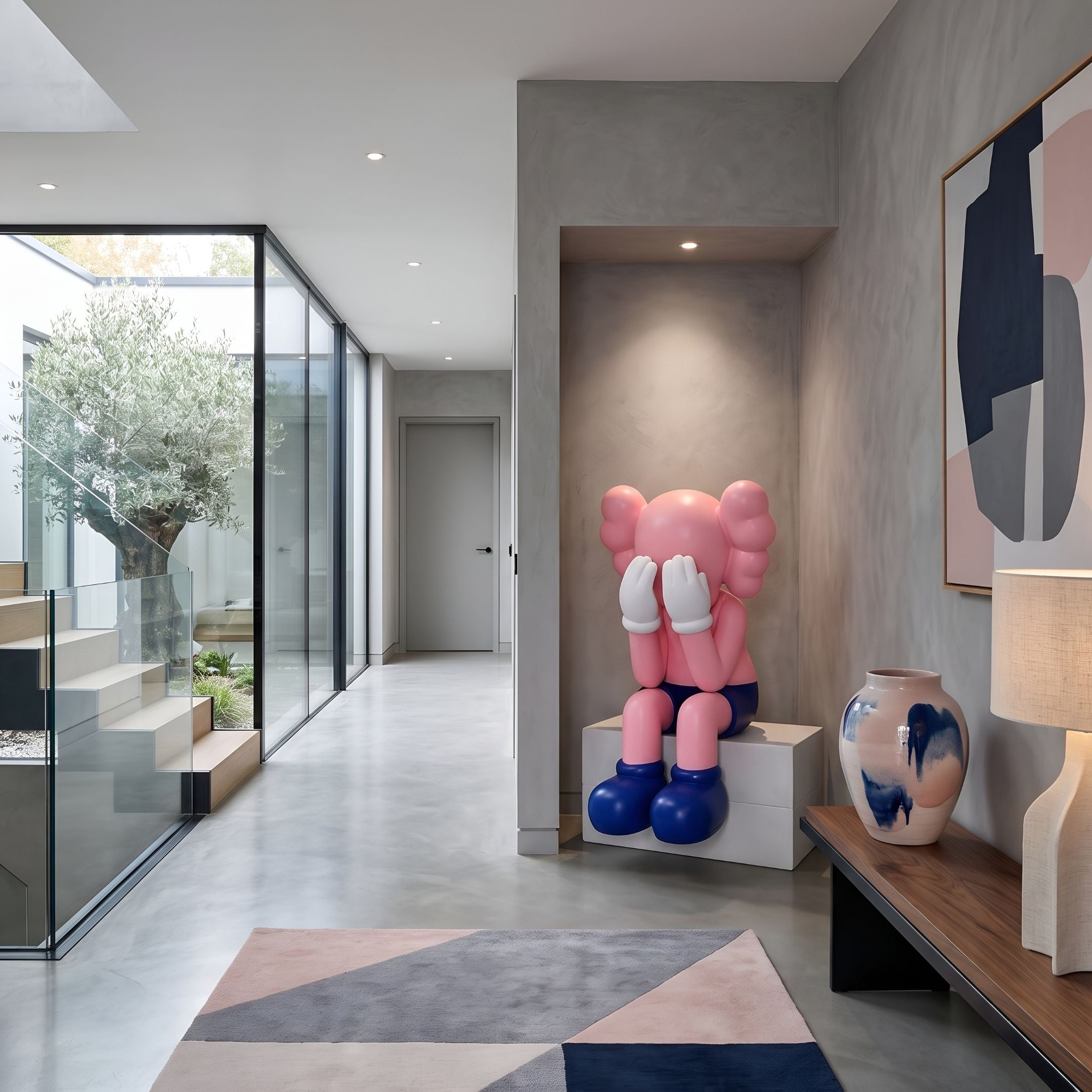 Petal Pink Iconify Melancholy Sitting Sculpture, 130cm, seated with hands covering its face, pink finish with blue shoes, displayed in a hallway alcove.