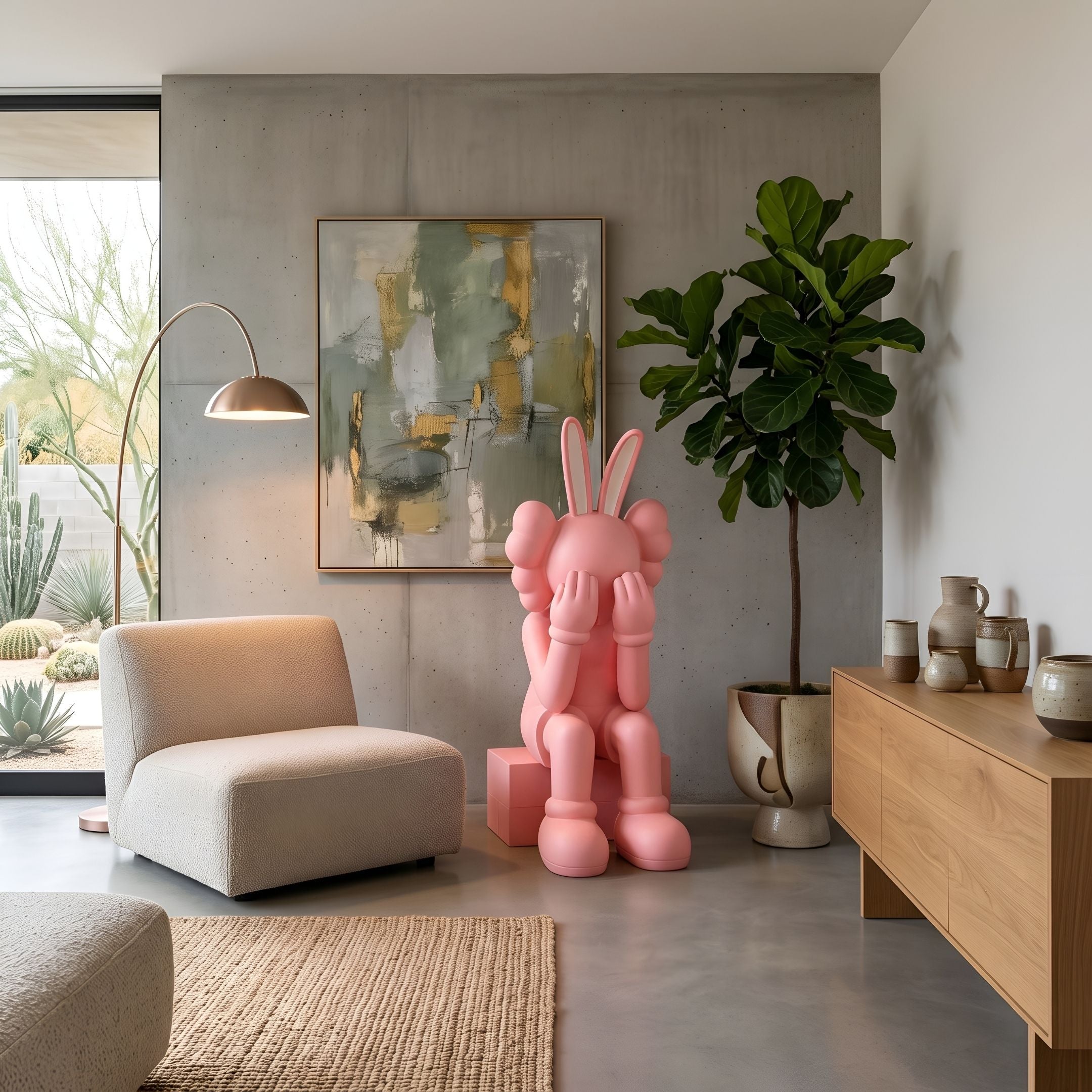 Coral Pink Iconify Melancholy Rabbit Sitting Sculpture, 130cm, seated with face in hands, shown beside a beige chair, plant, and wall art in a living room.