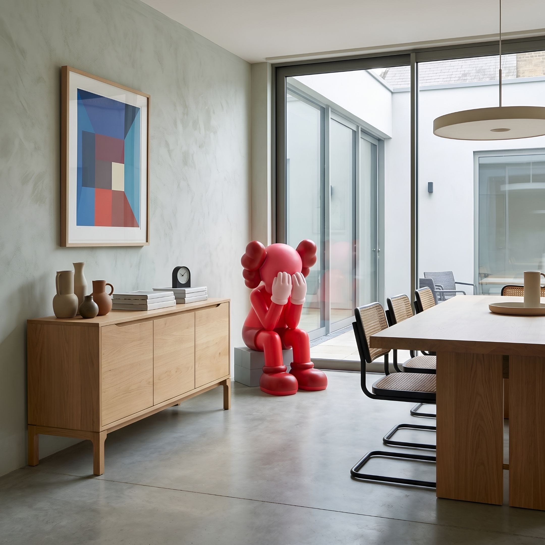 Blush Ruby Iconify Melancholy Sitting Sculpture, 130cm, seated on a plinth with hands covering its face, in a dining room beside a wooden sideboard and glass doors.