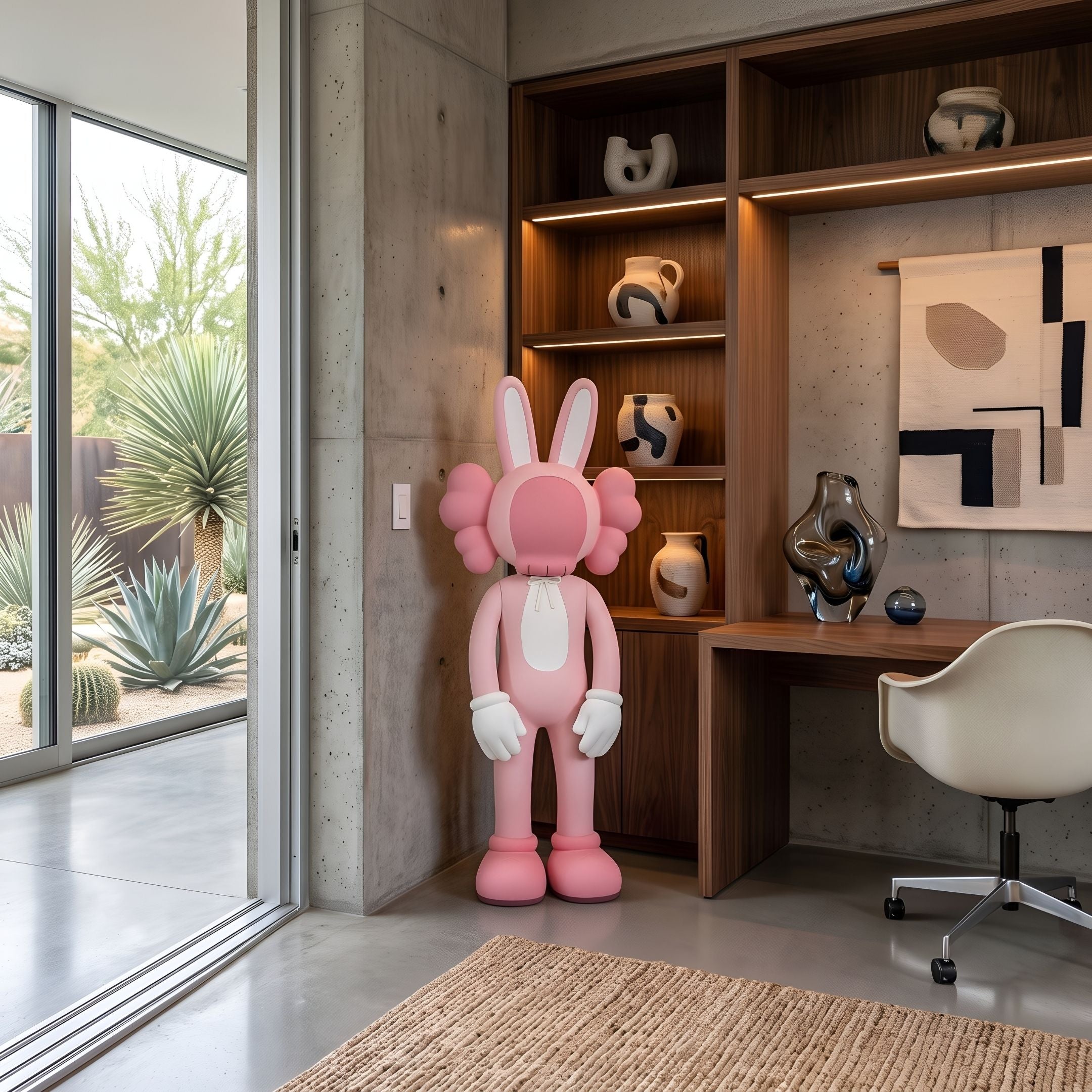 Coral Pink Iconify Rabbit Sculpture, 130cm, by Giant Sculptures, standing beside a wooden desk and shelving unit in a home office with desert views.