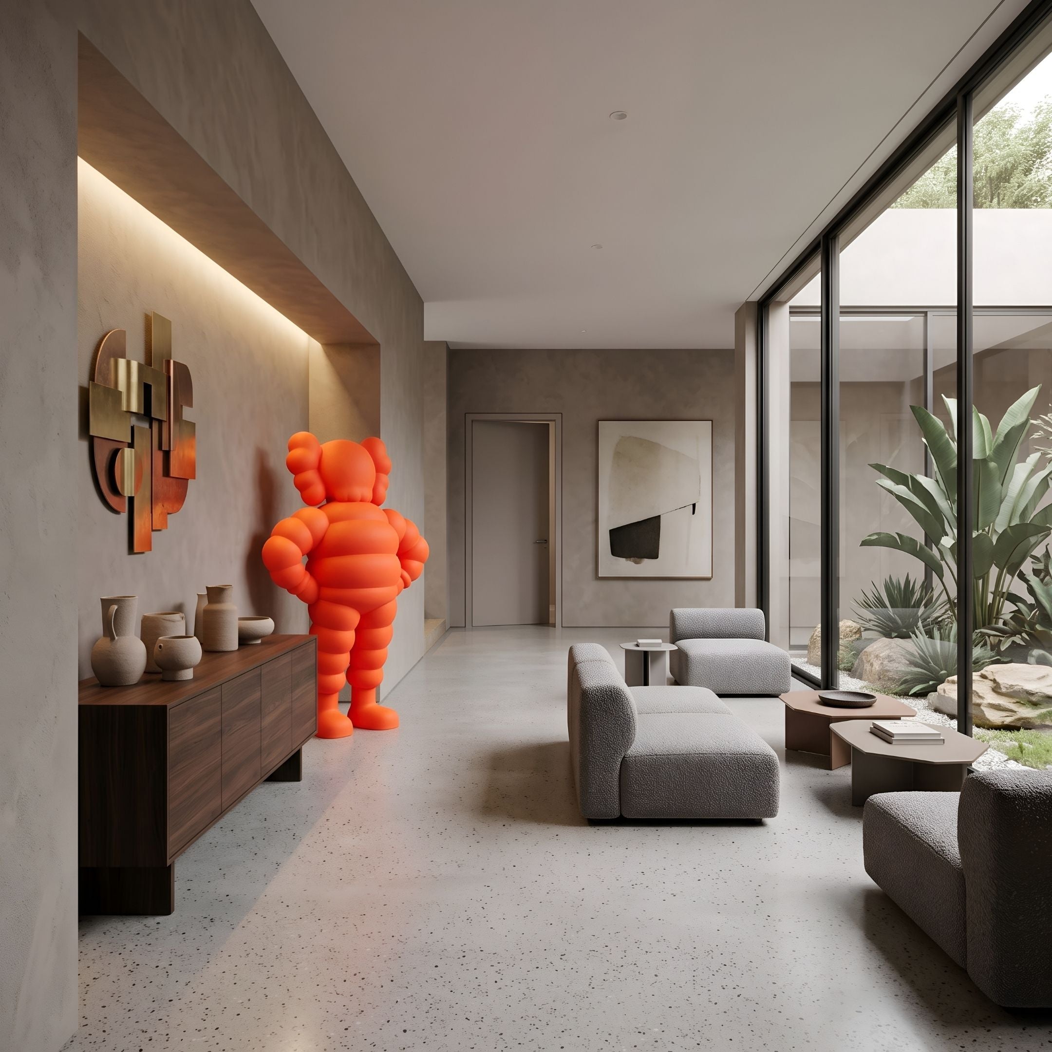 Fiery Orange Iconify Rollo Warrior Sculpture, 130cm, standing in a modern grey-toned hallway near a wooden sideboard and wall art.