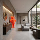 Fiery Orange Iconify Rollo Warrior Sculpture, 130cm, standing in a modern grey-toned hallway near a wooden sideboard and wall art.