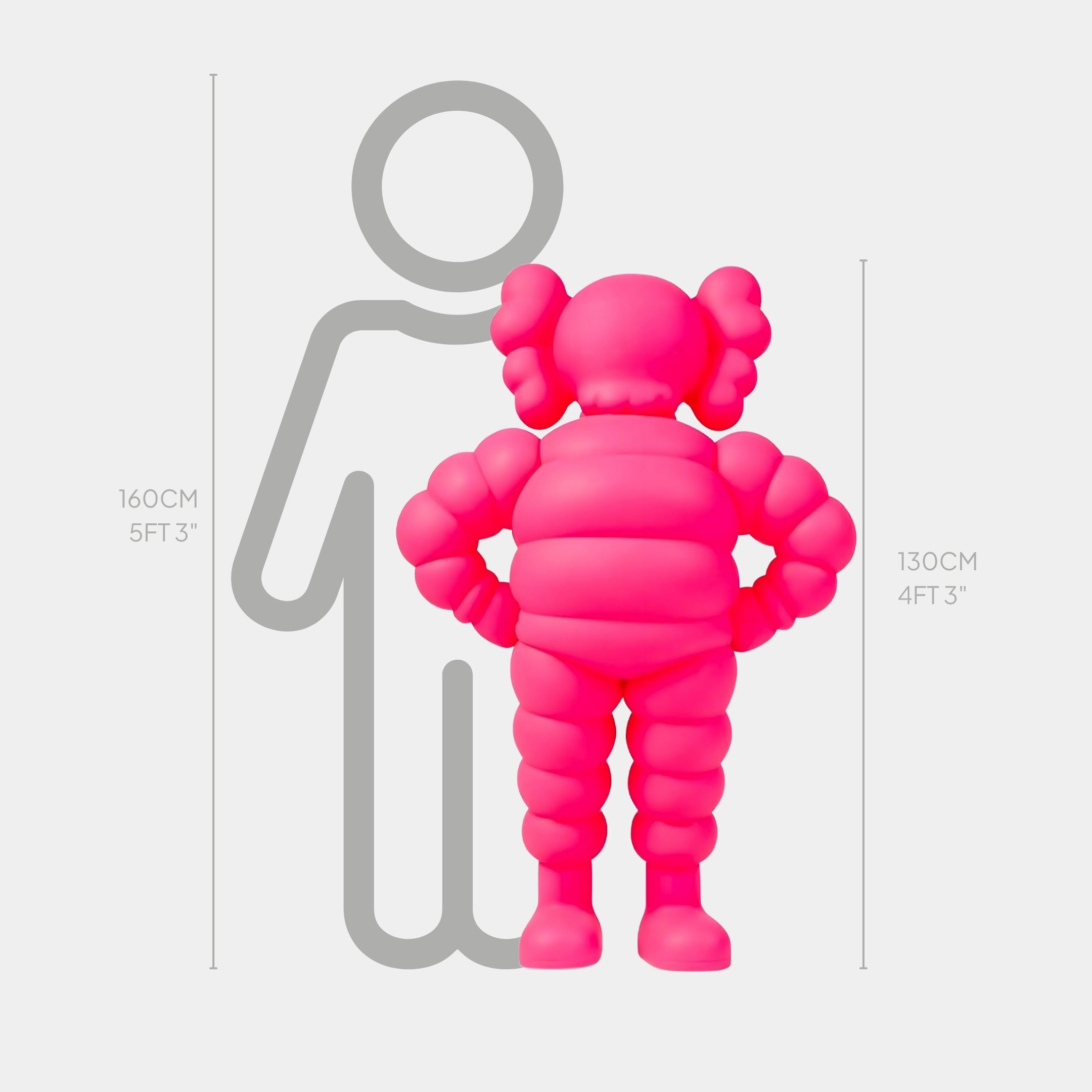 The Electric Pink Iconify Rollo Warrior Sculpture by Giant Sculptures is a 130 cm (4 ft 3 in) tall Pop-Art influenced piece with an abstract, rounded design featuring hair-like shapes, shown next to a grey outline of a person who measures 160 cm (5 ft 3 in).