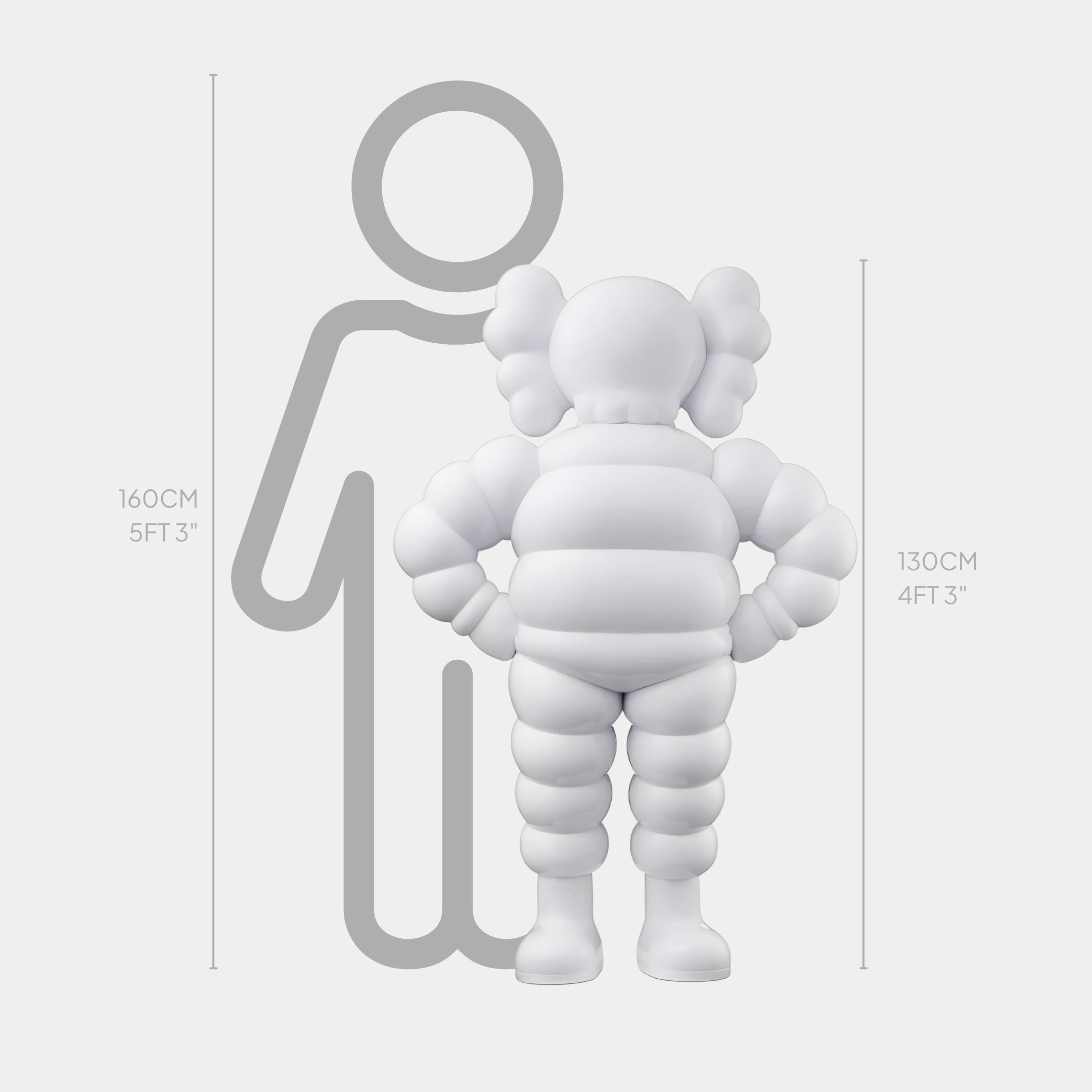 The Cloud White Iconify Rollo Warrior Sculpture by Giant Sculptures features a 130 cm tall white, cartoonish, inflated figure with cross eyes in front of a 160 cm gray human outline, infused with Pop-Art influence.