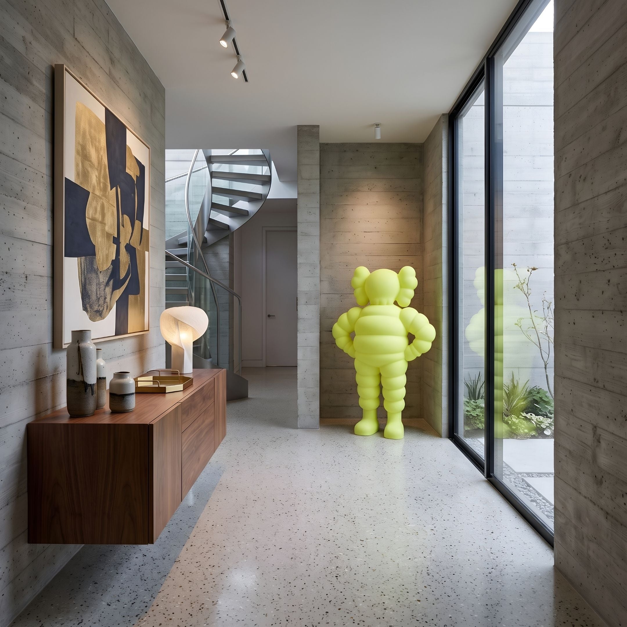 Citrus Yellow Iconify Rollo Warrior Sculpture, 130cm, standing in a modern hallway corner near a glass wall and concrete panels.