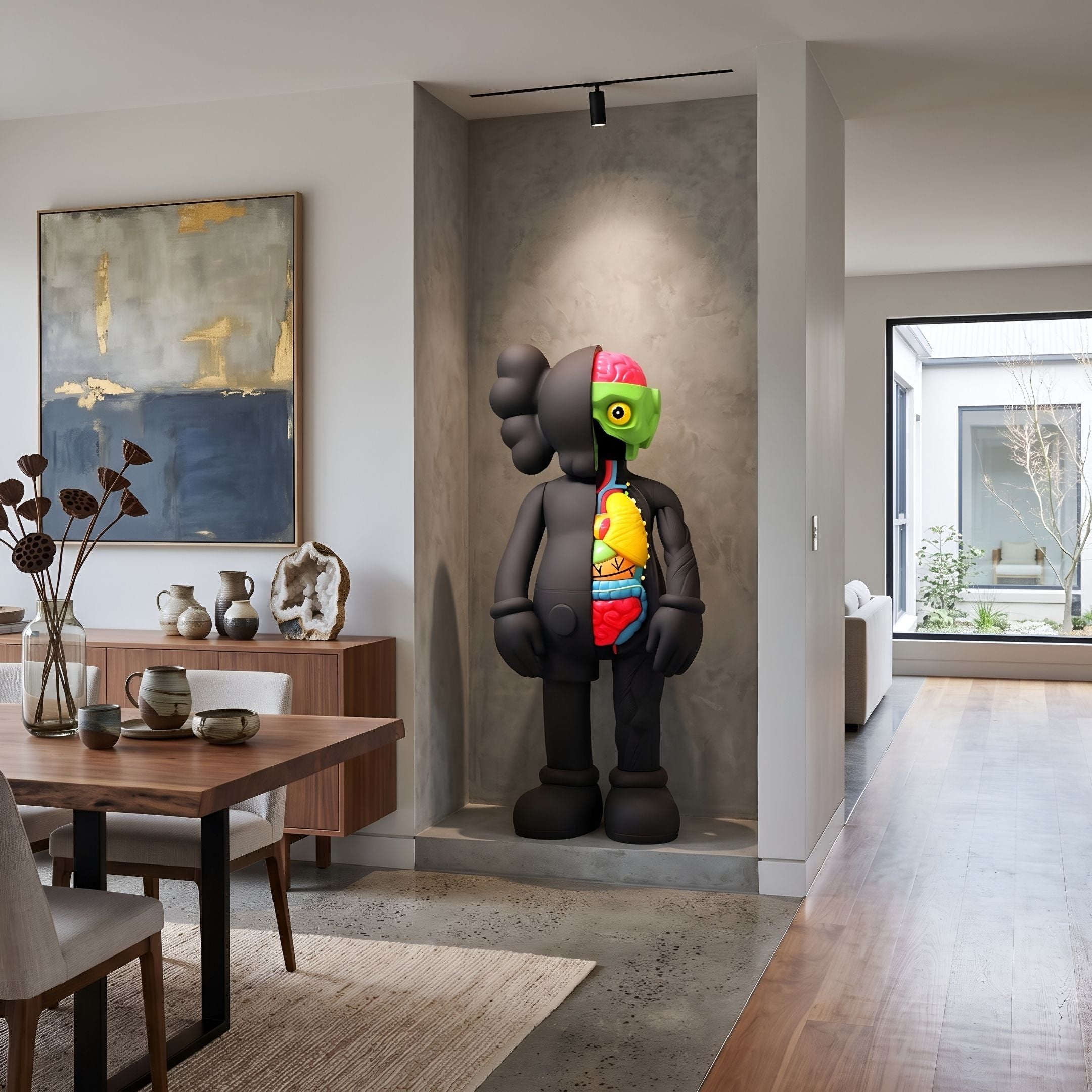 Midnight Black Iconify Anatomy Sculpture, 130cm, displayed in a wall alcove with colorful exposed anatomy detail, in a dining room near a leaning table setting.