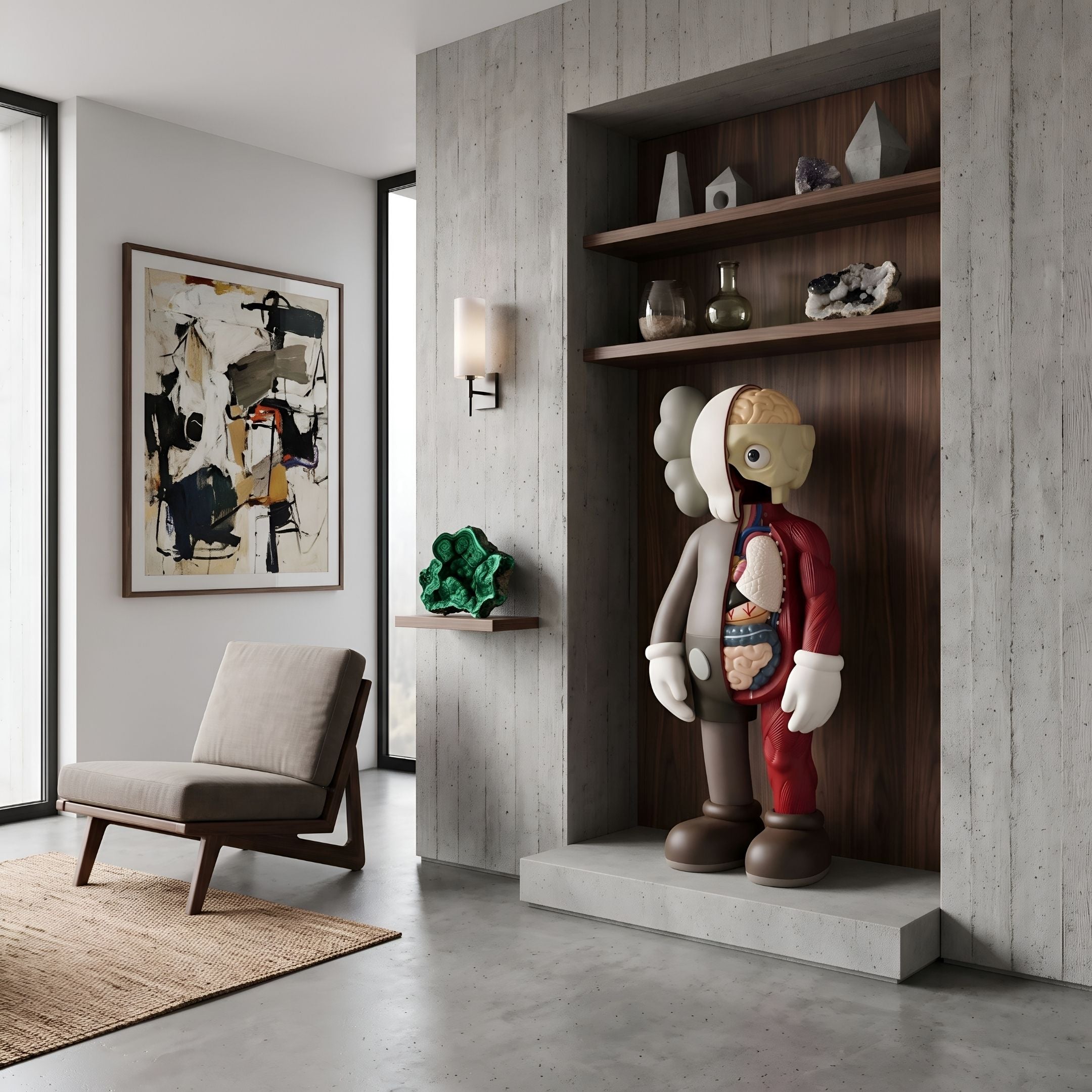 Hazelnut Brown Iconify Anatomy Sculpture, 130cm, displayed on a niche shelf platform in a living room beside a wood-panelled display wall and armchair.
