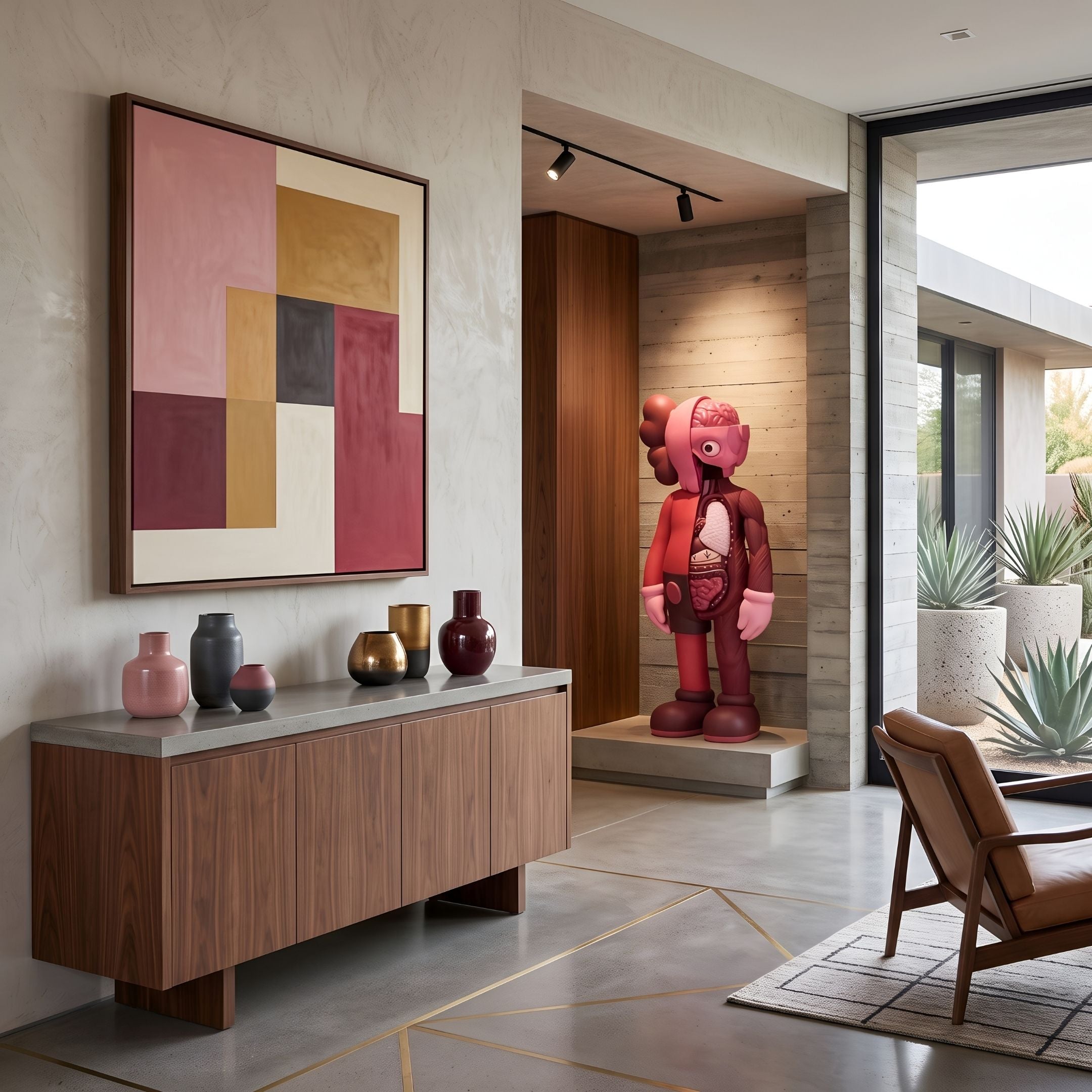 Blush Ruby Iconify Anatomy Sculpture, 130cm, on a platform in an entryway with anatomical cutaway detail in red and pink tones, near a wood sideboard and abstract wall art.