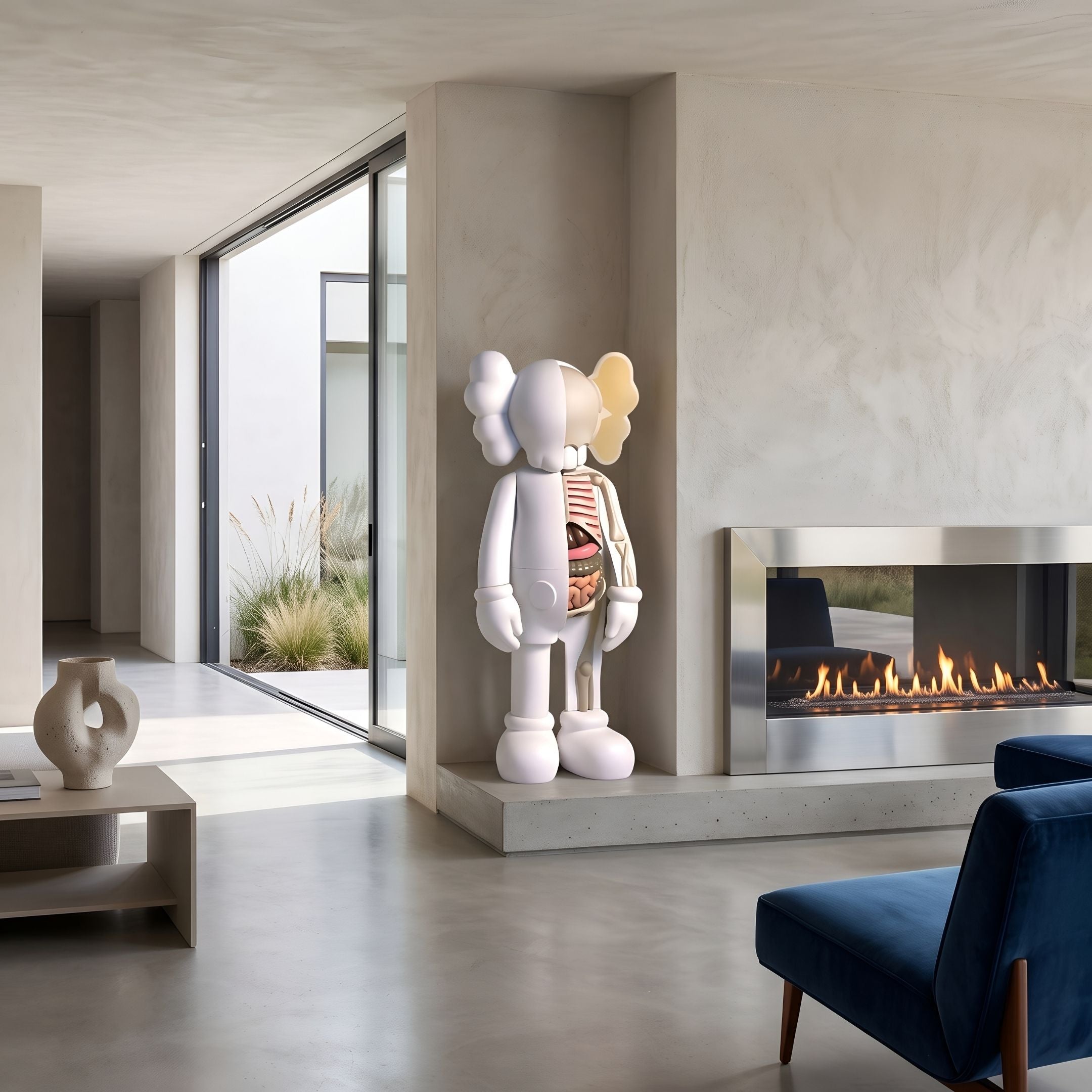 Cloud White Iconify Anatomy Sculpture, 130cm, standing figure with exposed internal anatomy detail, displayed beside a fireplace in a modern living room.