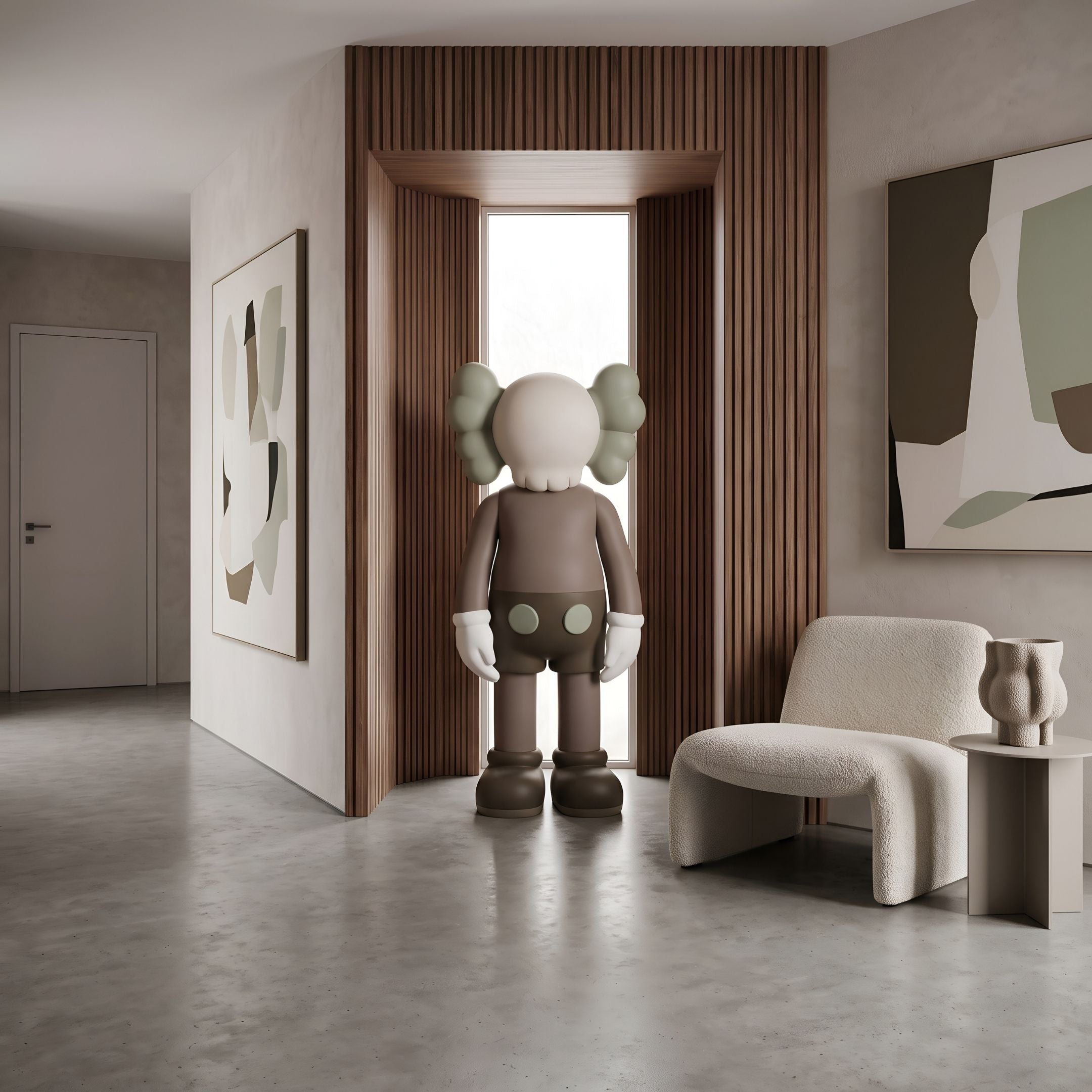 Hazelnut Brown Iconify Standing Sculpture, 130cm, by Giant Sculptures, shown in a hallway nook near a wood-paneled window, beige armchair, and abstract wall art.