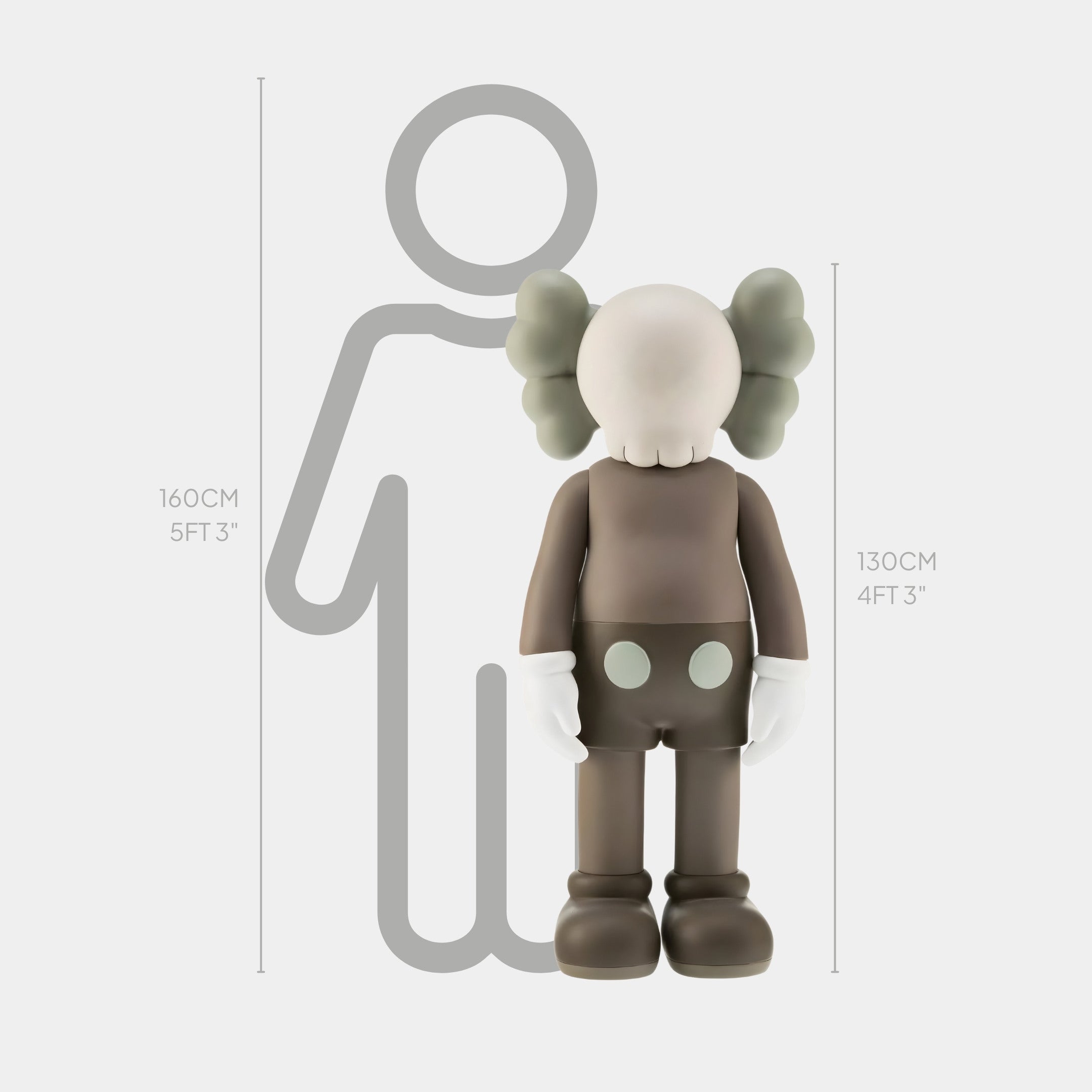 The 130cm Hazelnut Brown Iconify Standing Sculpture by Giant Sculptures features a round head, large hands, and shoes. Crafted from premium resin, it is perfect for modern interiors and sizes up to a silhouette of 160 cm (5 ft 3 in).