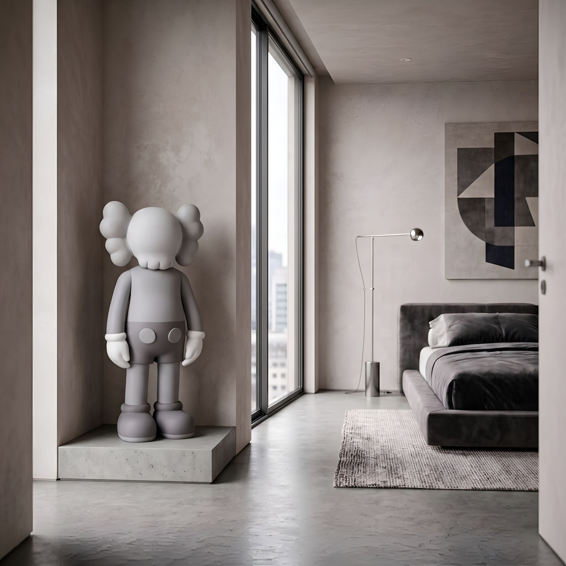 Soft Grey Iconify Standing Sculpture, 130cm, on a concrete base by a window in a bedroom with a dark bed and abstract wall art.