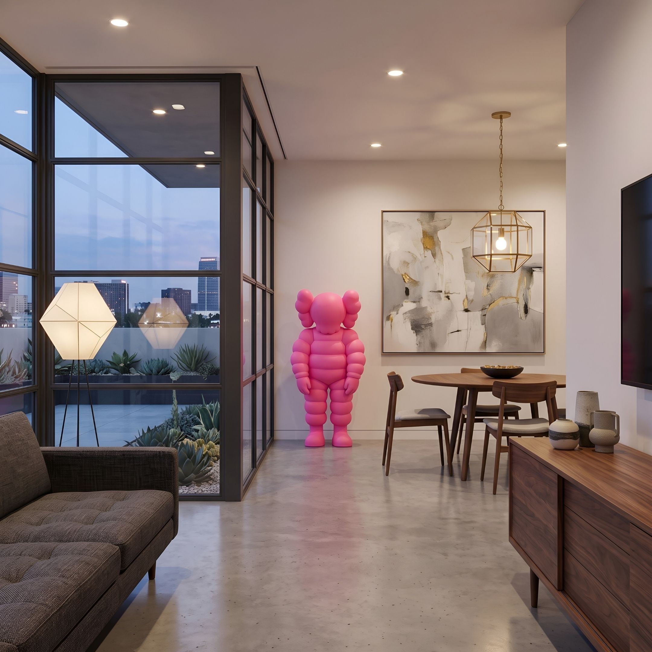 Electric Pink Iconify Rollo Sculpture, 130cm, in a modern living room hallway near a dining table, wood sideboard, and floor-to-ceiling windows.