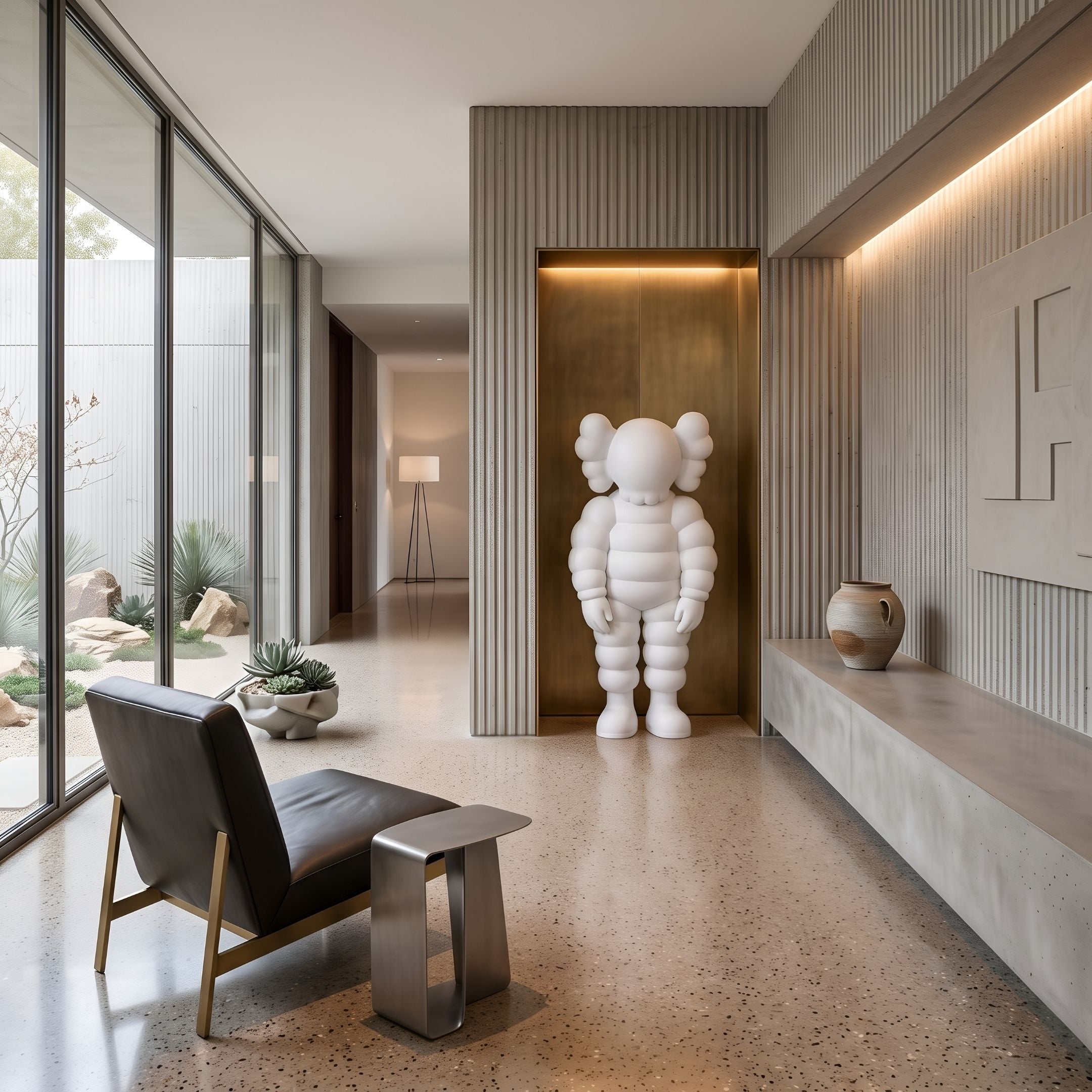 Cloud White Iconify Rollo Sculpture, 130cm, in a modern hallway with concrete panelling, a leather chair, and terrazzo flooring.