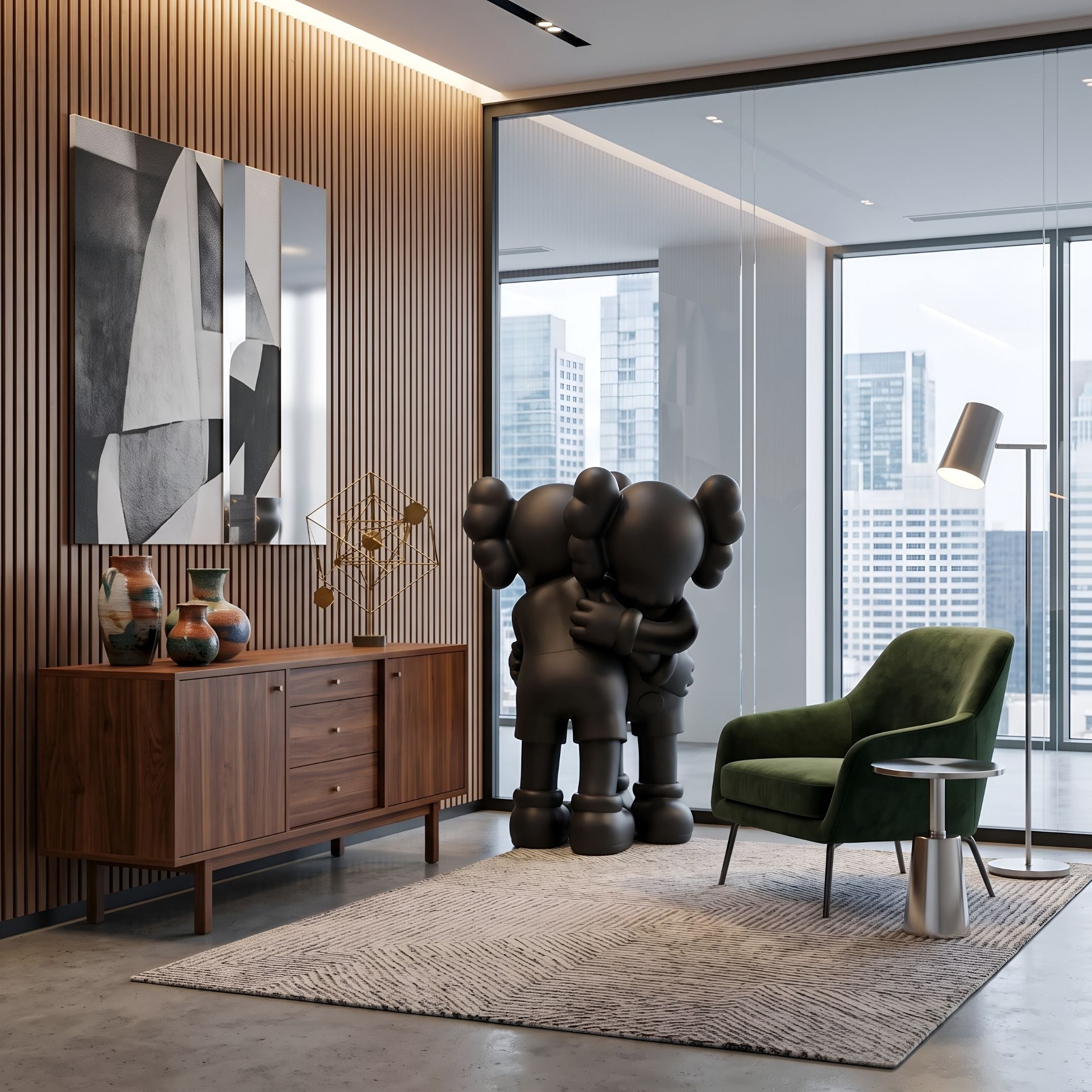 Obsidian Black Iconify Embrace Sculpture (135cm) by Giant Sculptures, two figures hugging in glossy black resin, displayed on a rug beside a green armchair and walnut sideboard.