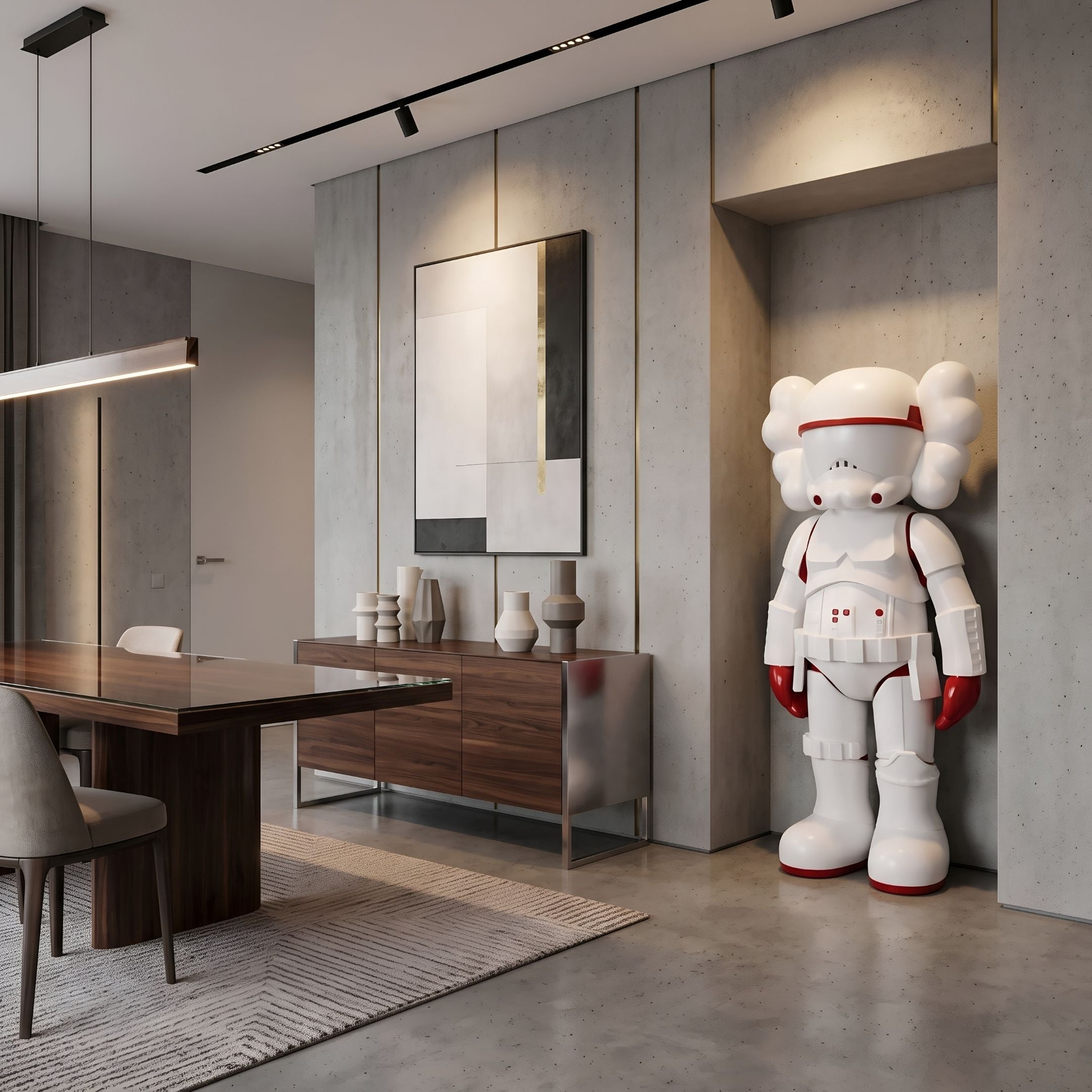 Red & White Iconify Enforcer Sculpture, 135cm, standing in a dining area beside a wood sideboard and abstract wall art on a concrete-panel wall.