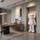 Red & White Iconify Enforcer Sculpture, 135cm, standing in a dining area beside a wood sideboard and abstract wall art on a concrete-panel wall.