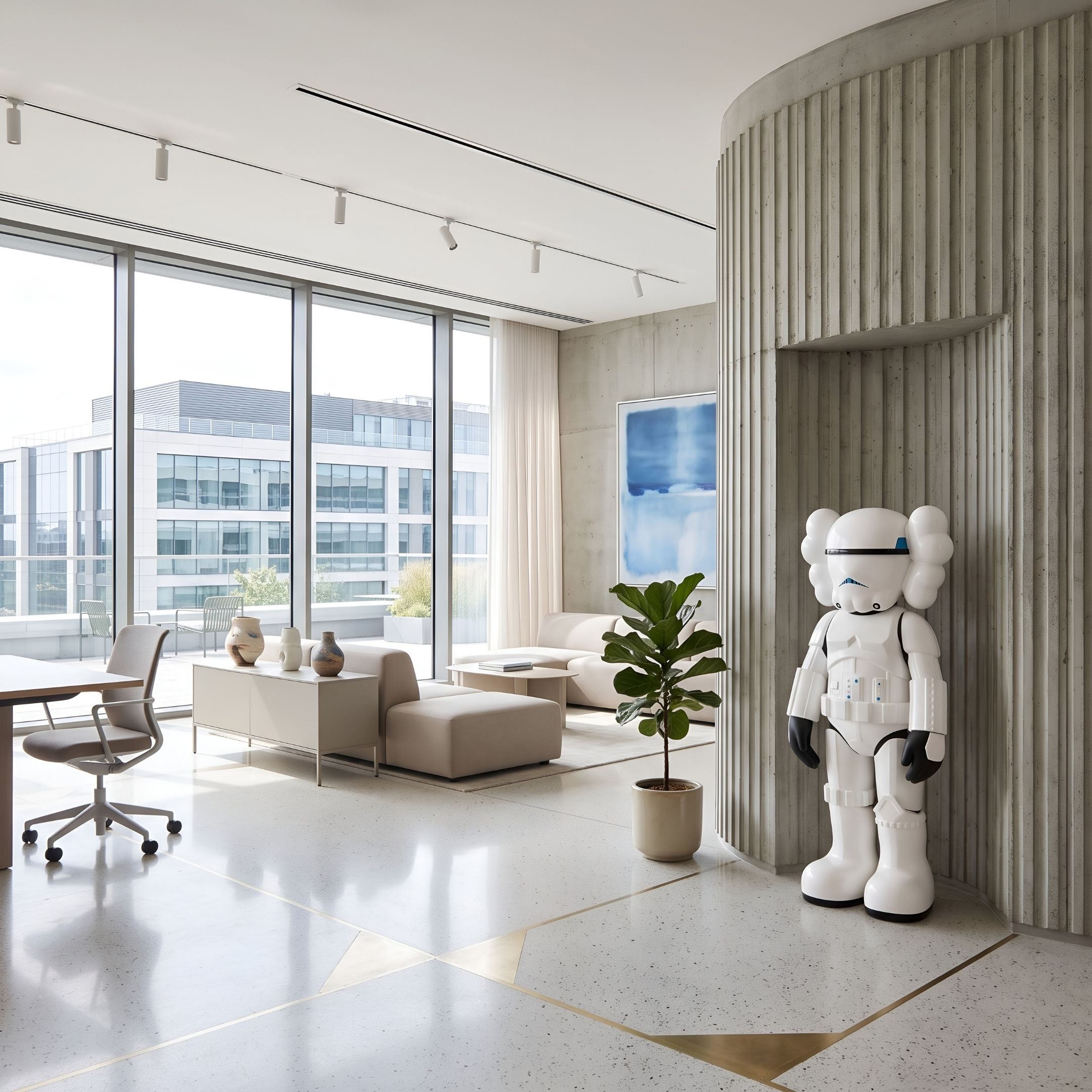 Black & White Iconify Enforcer Sculpture, 135cm resin stormtrooper-inspired figure, displayed on terrazzo flooring beside a fluted concrete wall in a modern living space.