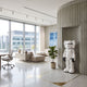 Black & White Iconify Enforcer Sculpture, 135cm resin stormtrooper-inspired figure, displayed on terrazzo flooring beside a fluted concrete wall in a modern living space.