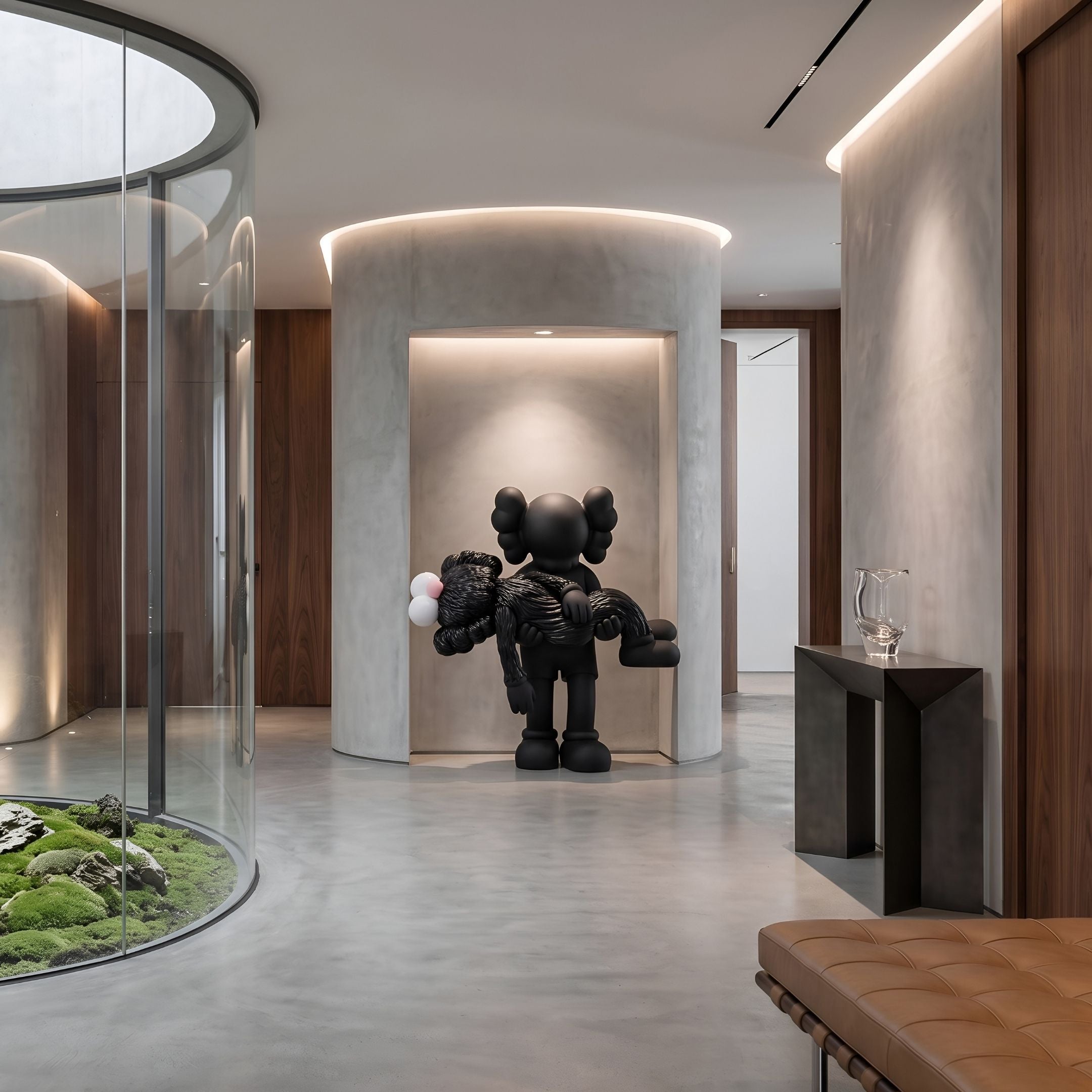 Obsidian Black Iconify Rescuing Furry Sculpture, 135cm, black resin figure cradling a limp companion, displayed in a niche within a modern hallway.