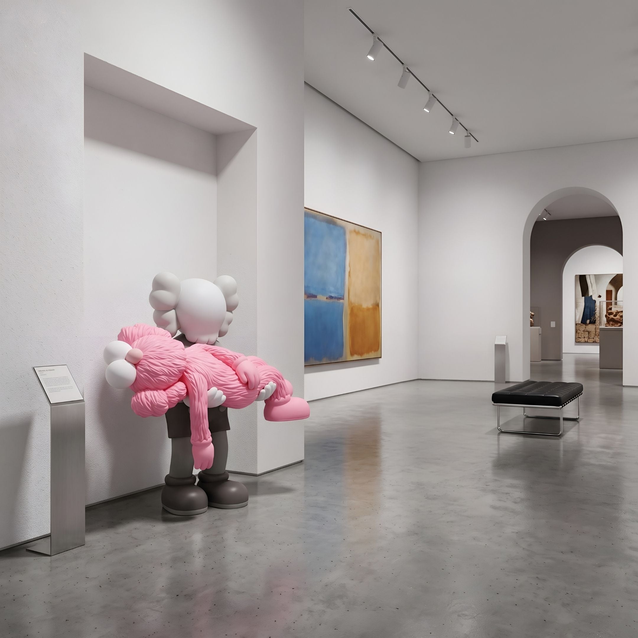Petal Pink Iconify Rescuing Furry Sculpture, 135cm, grey figure cradling a pink companion, displayed in a gallery alcove near abstract wall art.