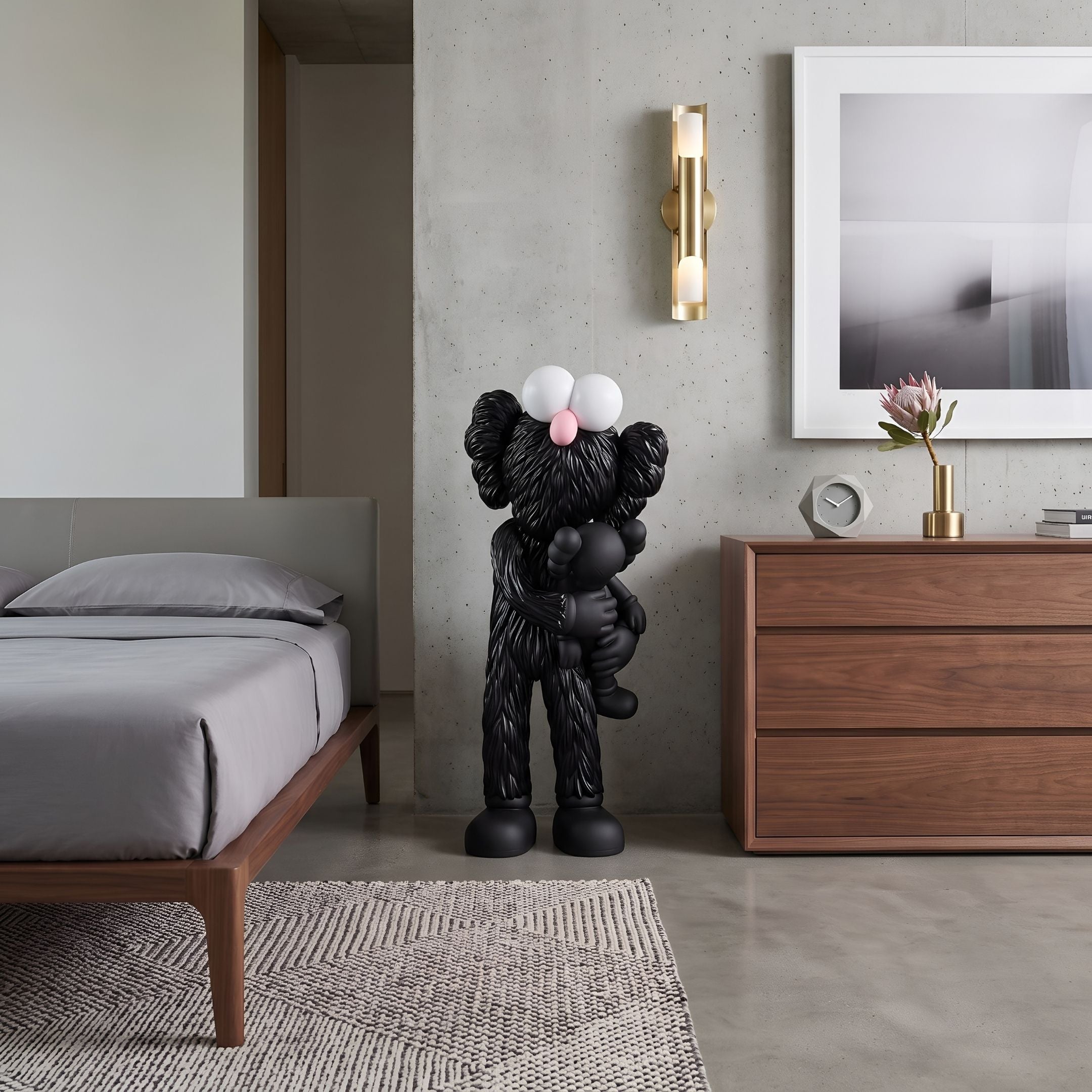 Obsidian Black Iconify Loving Furry Sculpture, 135cm, resin figure with white eyes cradling a smaller figure, shown in a bedroom beside a wooden dresser.