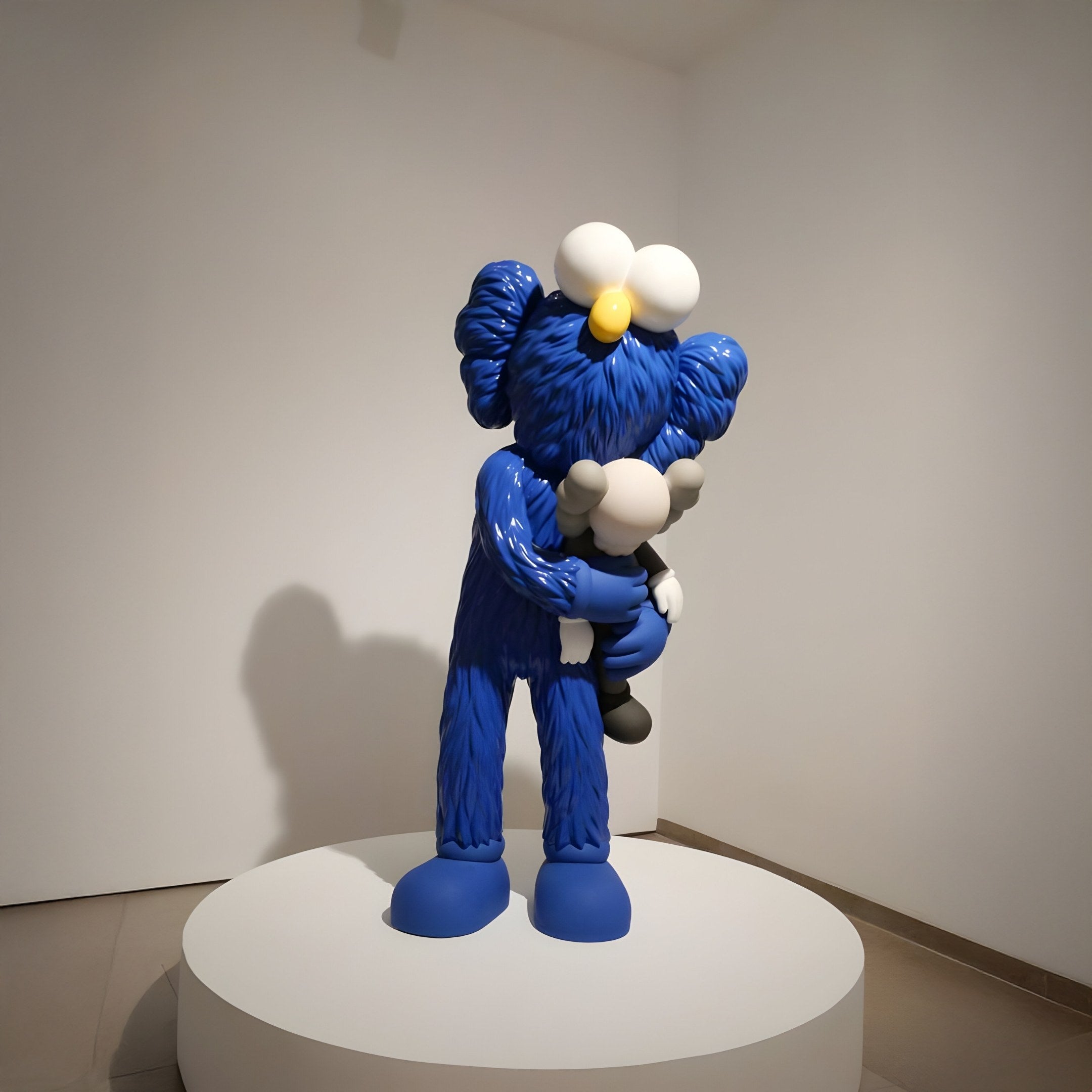 The Deep Blue Iconify Loving Furry Sculpture - 135cm by Giant Sculptures features a large blue, furry character with crossed eyes embracing a smaller figure on a circular platform, set against a plain light wall for an artistically sophisticated and whimsical scene.