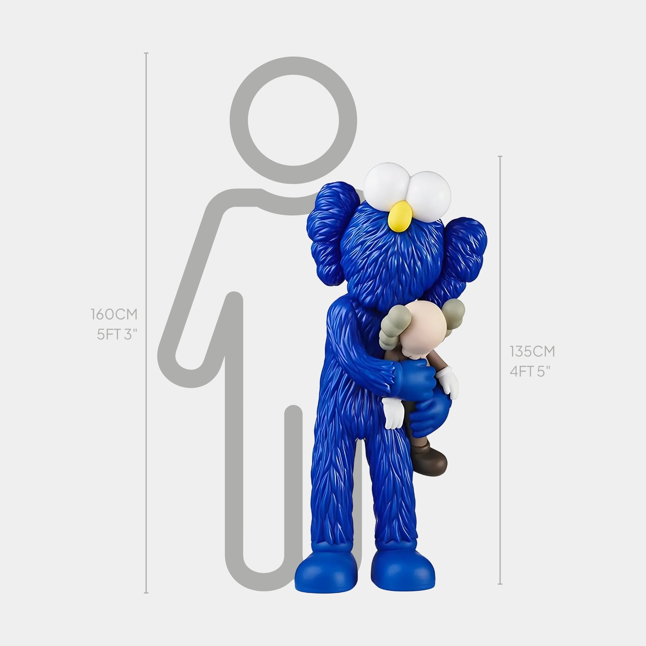 The Deep Blue Iconify Loving Furry Sculpture by Giant Sculptures is a touching piece featuring a fuzzy character with white eyes embracing a smaller black and white figure. At 135 cm, it creates an emotional bond when compared to a 160 cm silhouette for scale.