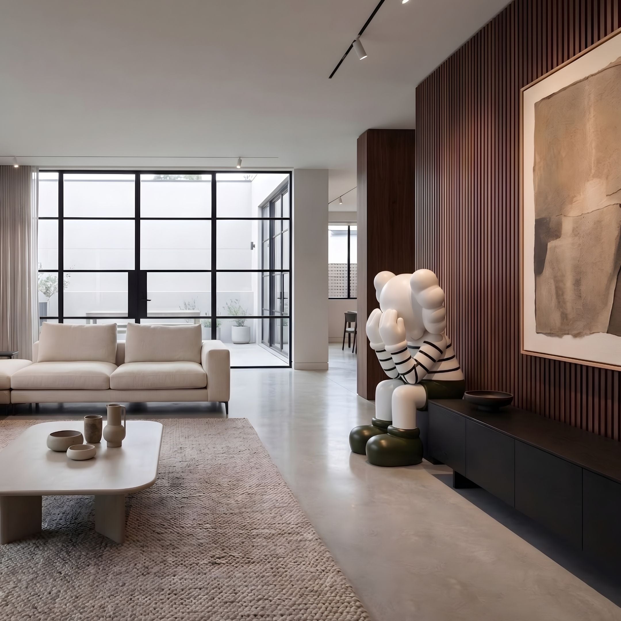 Forest Green Iconify Mime Sitting Sculpture (135cm) by Giant Sculptures, white face and hands with striped arms, seated on green rounded base beside a dark console in a modern living room.
