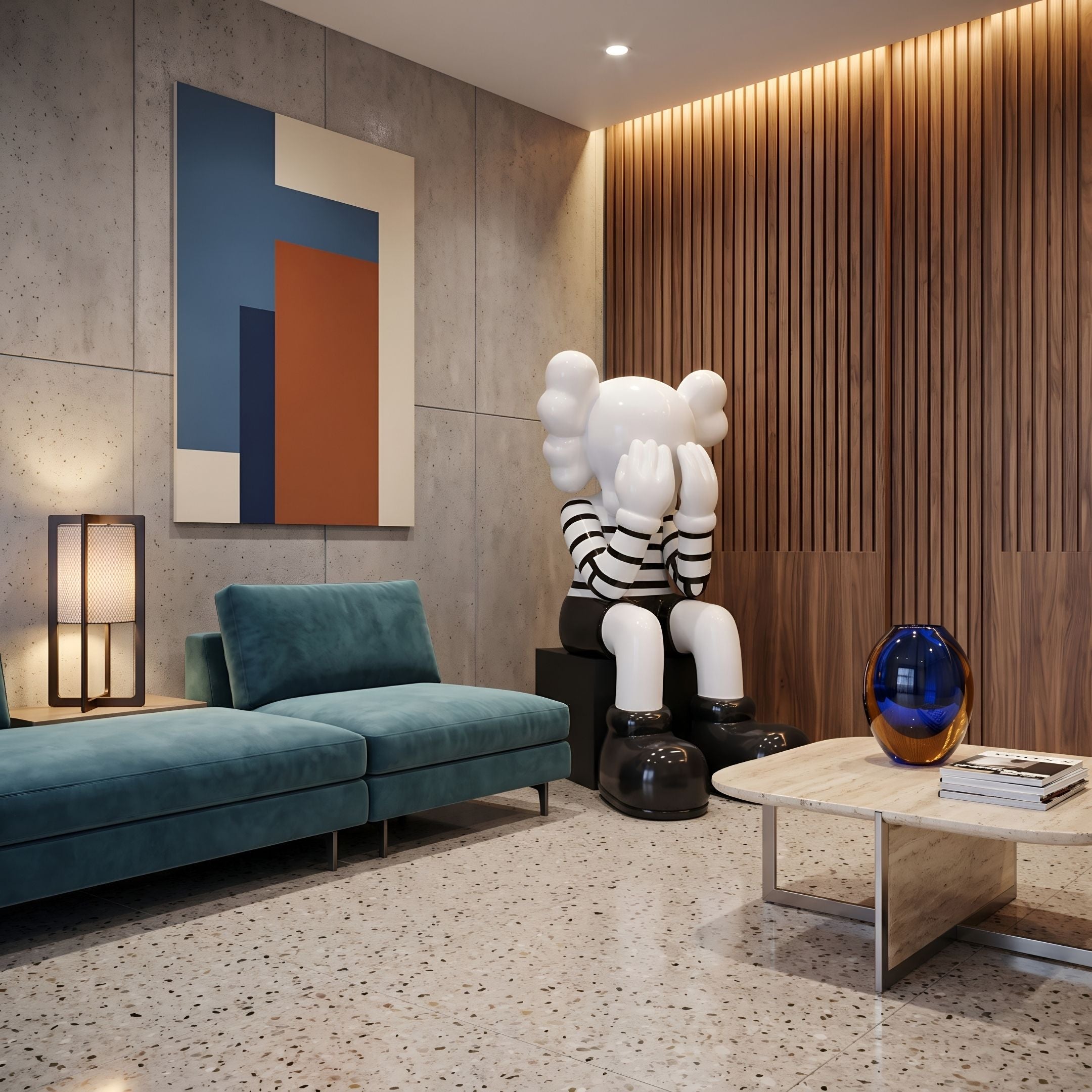 Mime Iconify Sitting Sculpture - 135cm, black-and-white striped resin figure seated with hands on face, displayed on a black platform in a living room with a teal sofa and abstract wall art.