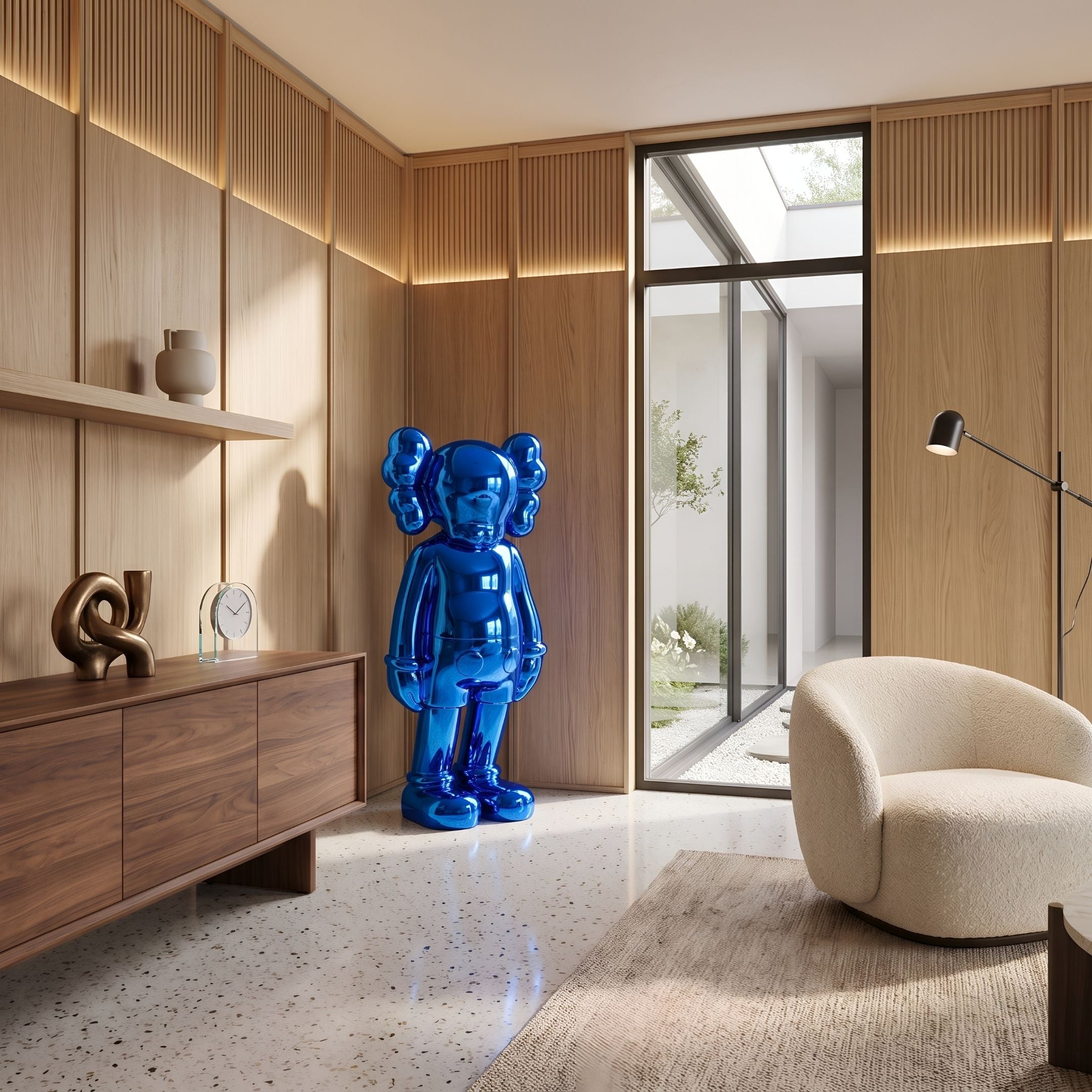 Sapphire Blue Iconify Standing Sculpture, 135cm, in glossy blue resin finish, displayed in a wood-paneled living room beside a walnut sideboard and cream armchair.