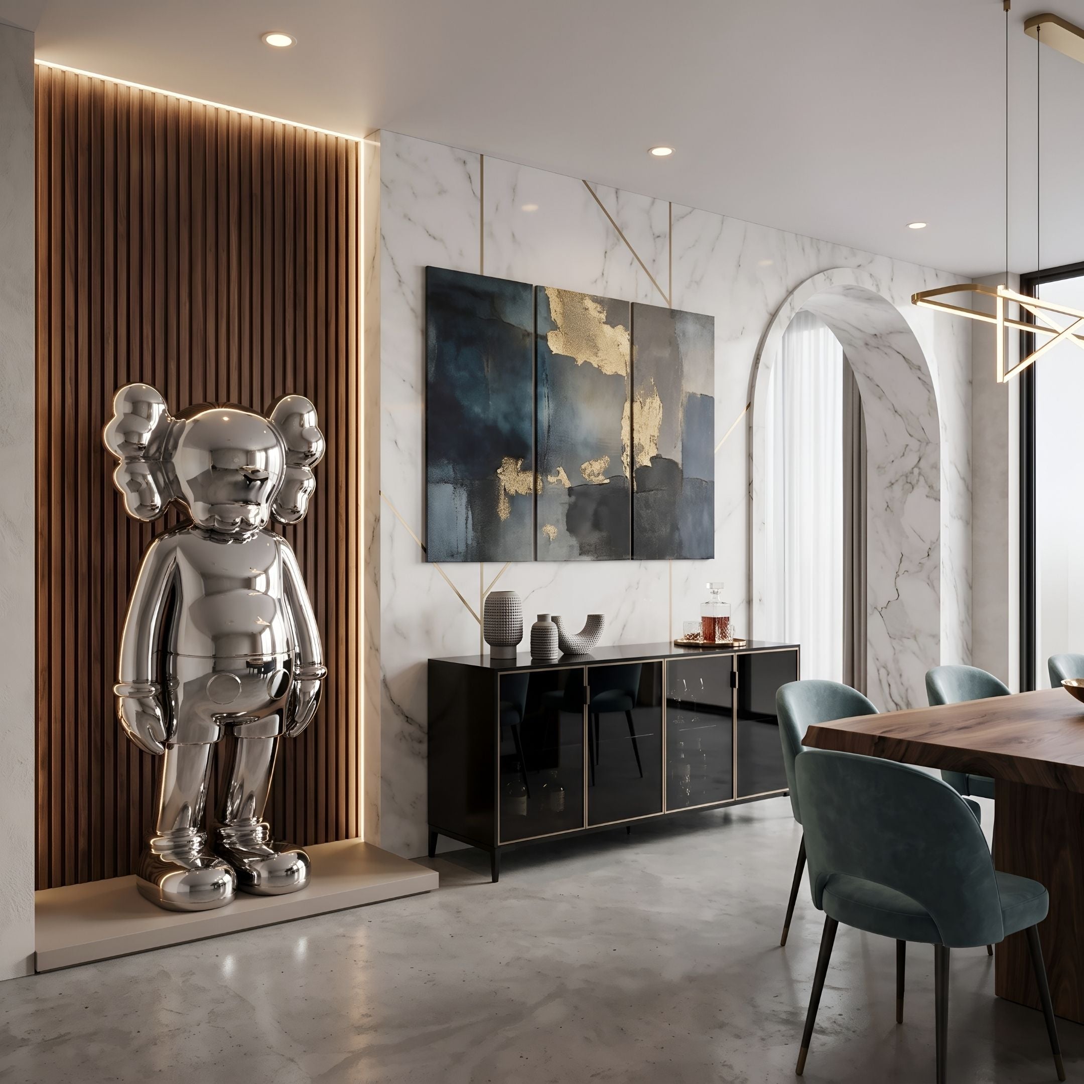 Mystic Chrome Iconify Standing Sculpture, 135cm mirror-chrome resin figure on a floor plinth in a dining room with marble walls and blue-toned artwork.