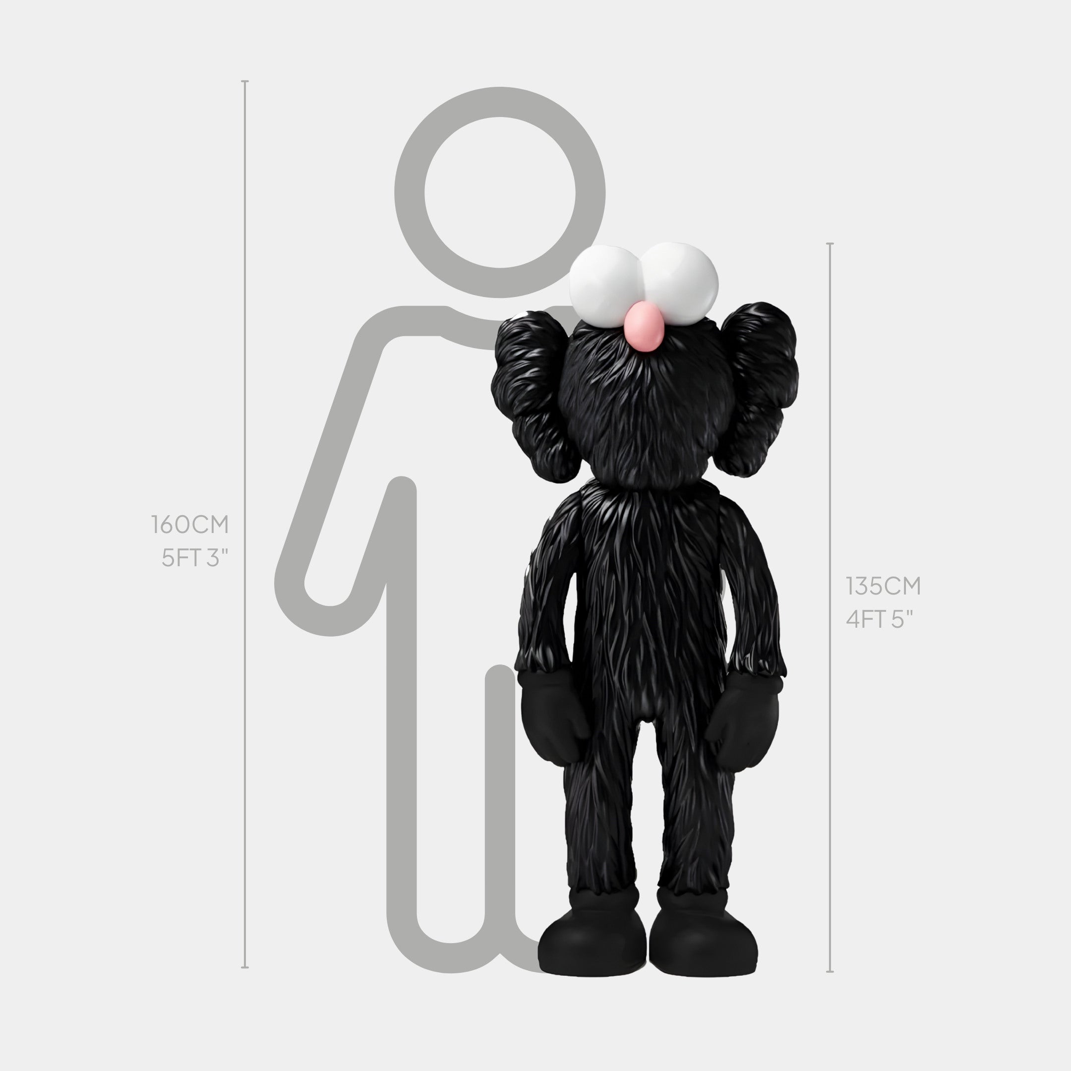 The Obsidian Black Iconify Furry Sculpture by Giant Sculptures, standing at 135 cm with its black fur, white eyes, and pink nose, contrasts strikingly next to a simplified human outline of 160 cm (5 ft 3 in), embodying modern artistry.