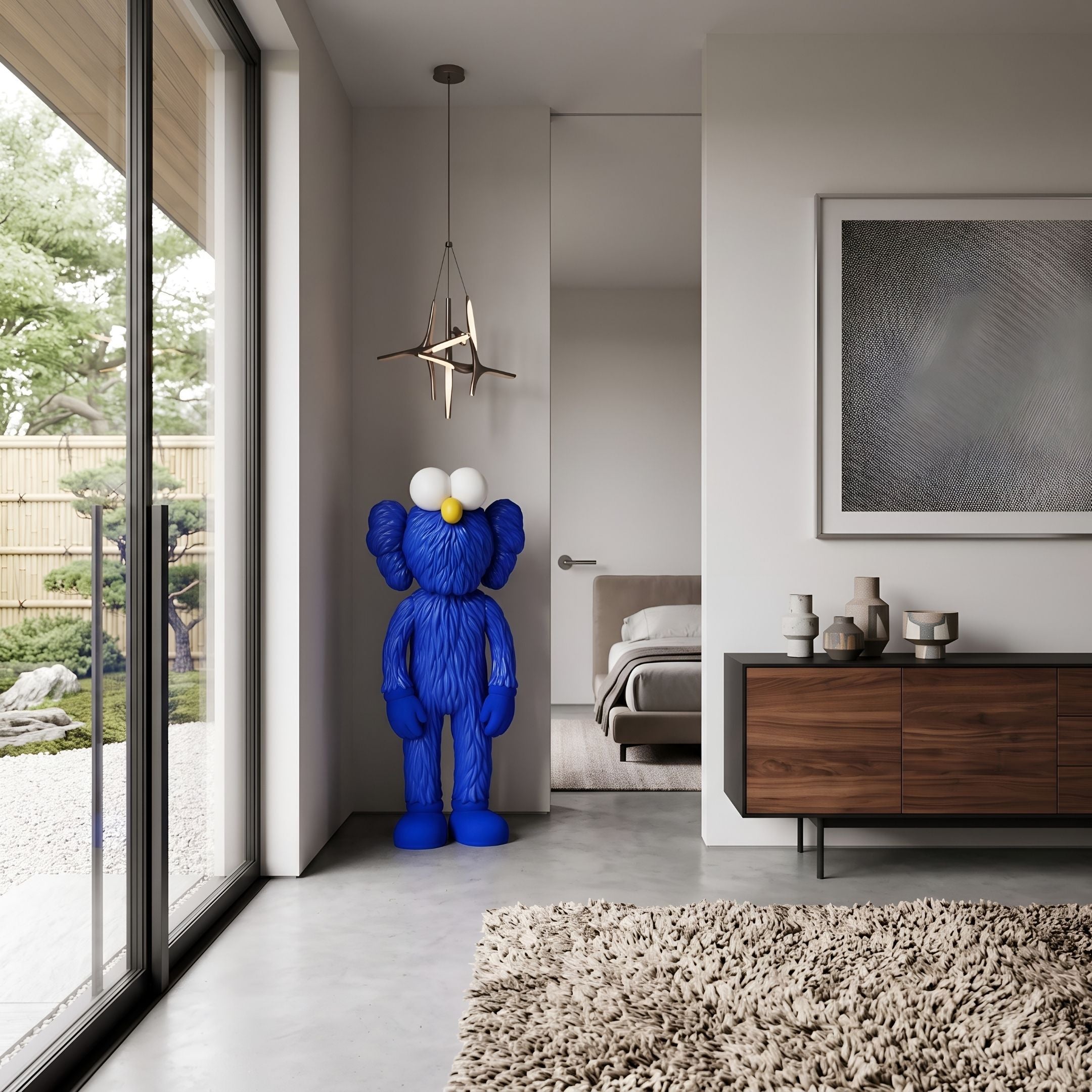 Royal Blue Iconify Furry Sculpture, 135cm, standing by a bedroom doorway near a sideboard and framed wall art in a modern interior.