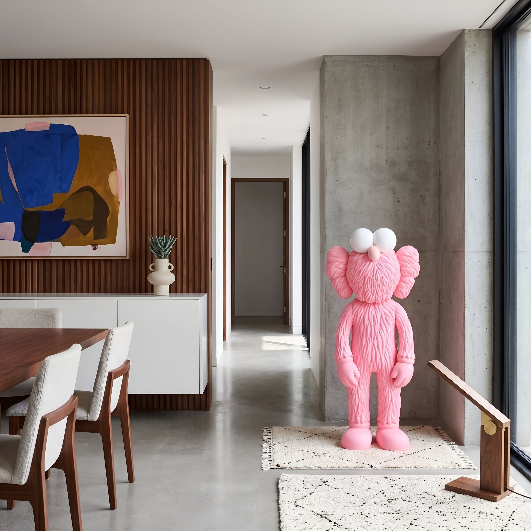 Petal Pink Iconify Furry Sculpture - 135cm displayed on a rug in a dining area with wood-paneled walls, near a table and abstract art.