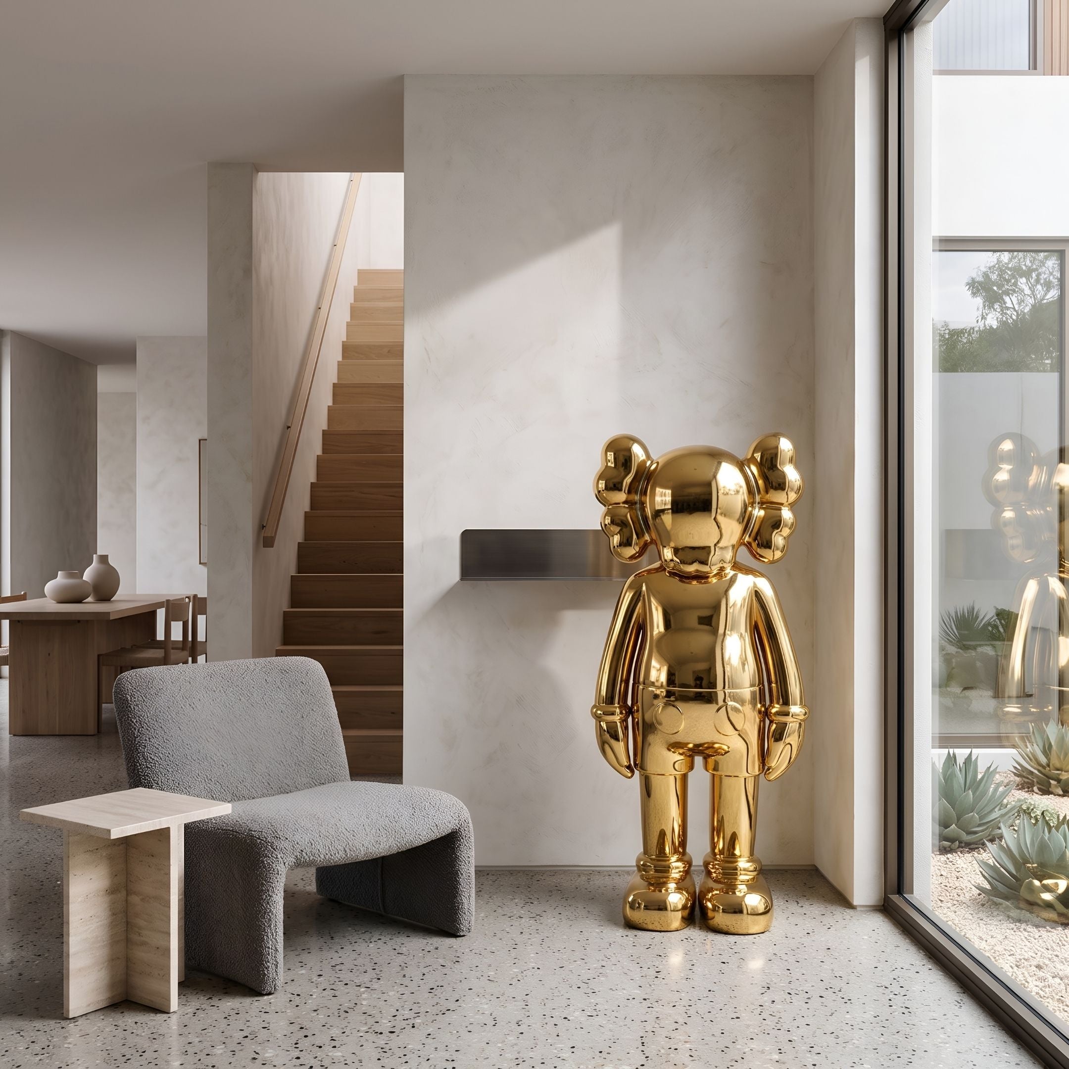 Royal Gold Iconify Standing Sculpture, 135cm glossy gold resin figure in an entryway beside a staircase, gray armchair, and wooden side table.
