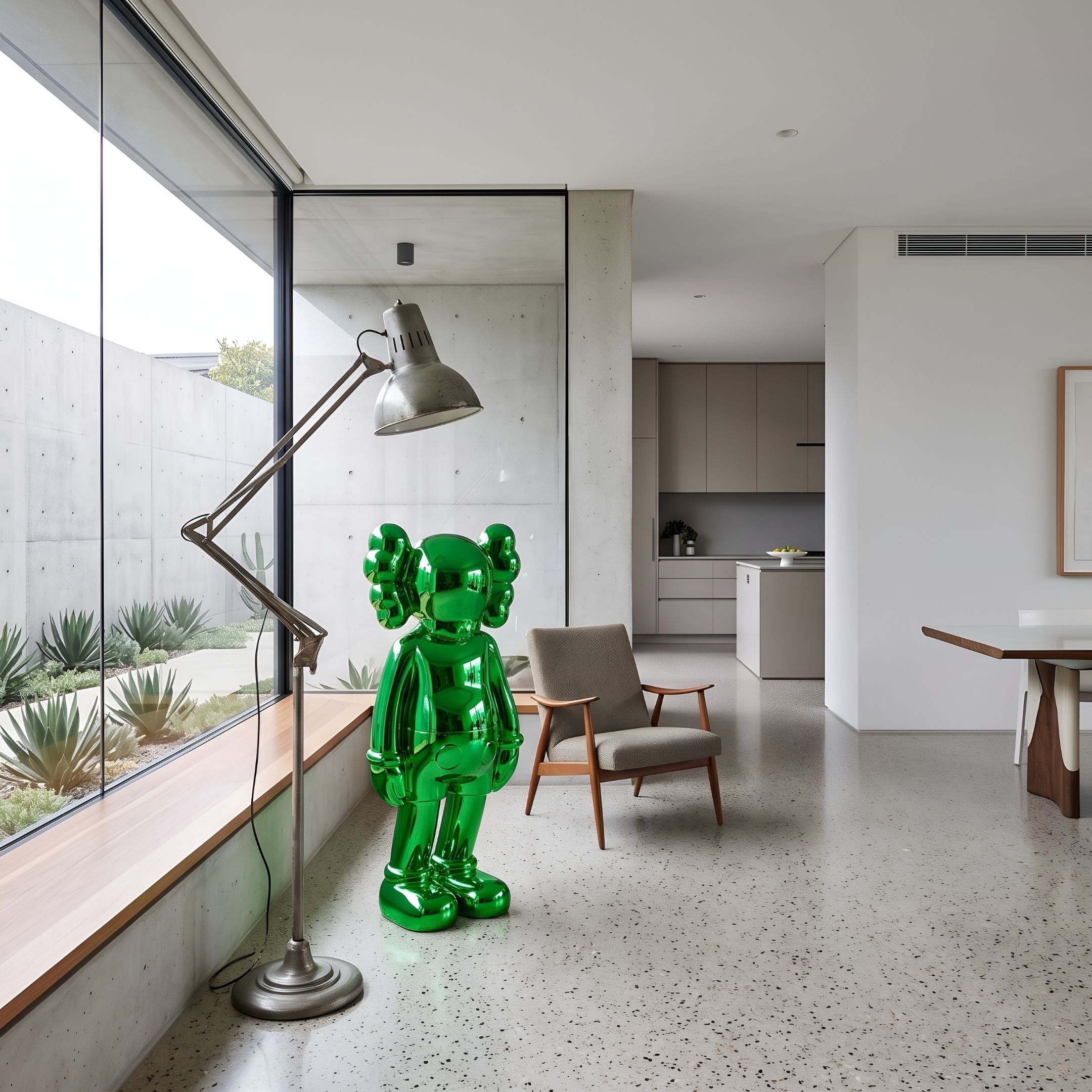 Forest Green Iconify Standing Sculpture, 135cm glossy resin figure, displayed in a modern living room beside a floor lamp and armchair.