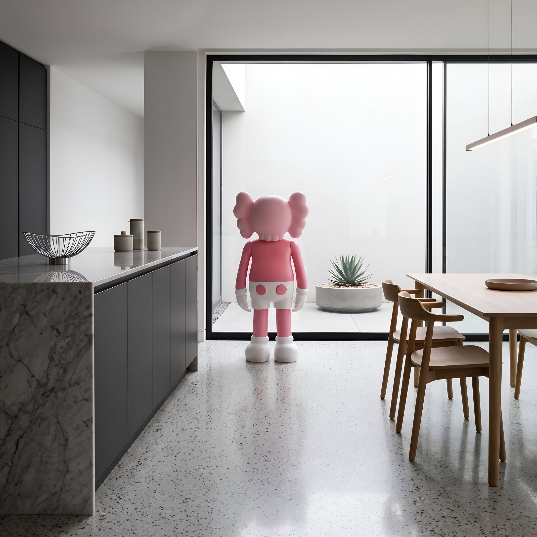 Soft Pink Iconify Standing Sculpture, 135cm, in a modern kitchen and dining space with grey cabinetry, marble island, and wooden dining chairs.