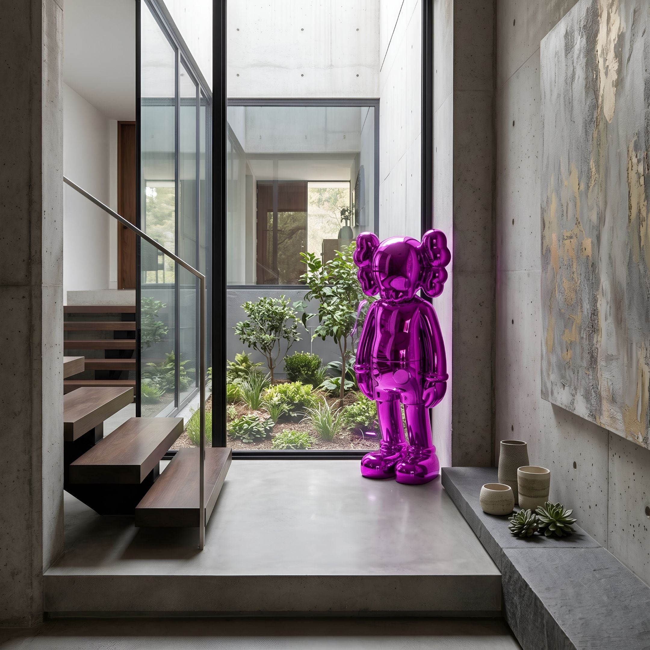 Phantom Purple Iconify Standing Sculpture - 135cm, glossy metallic-purple figure standing by a glass wall in a modern hallway with a wood staircase and courtyard view.