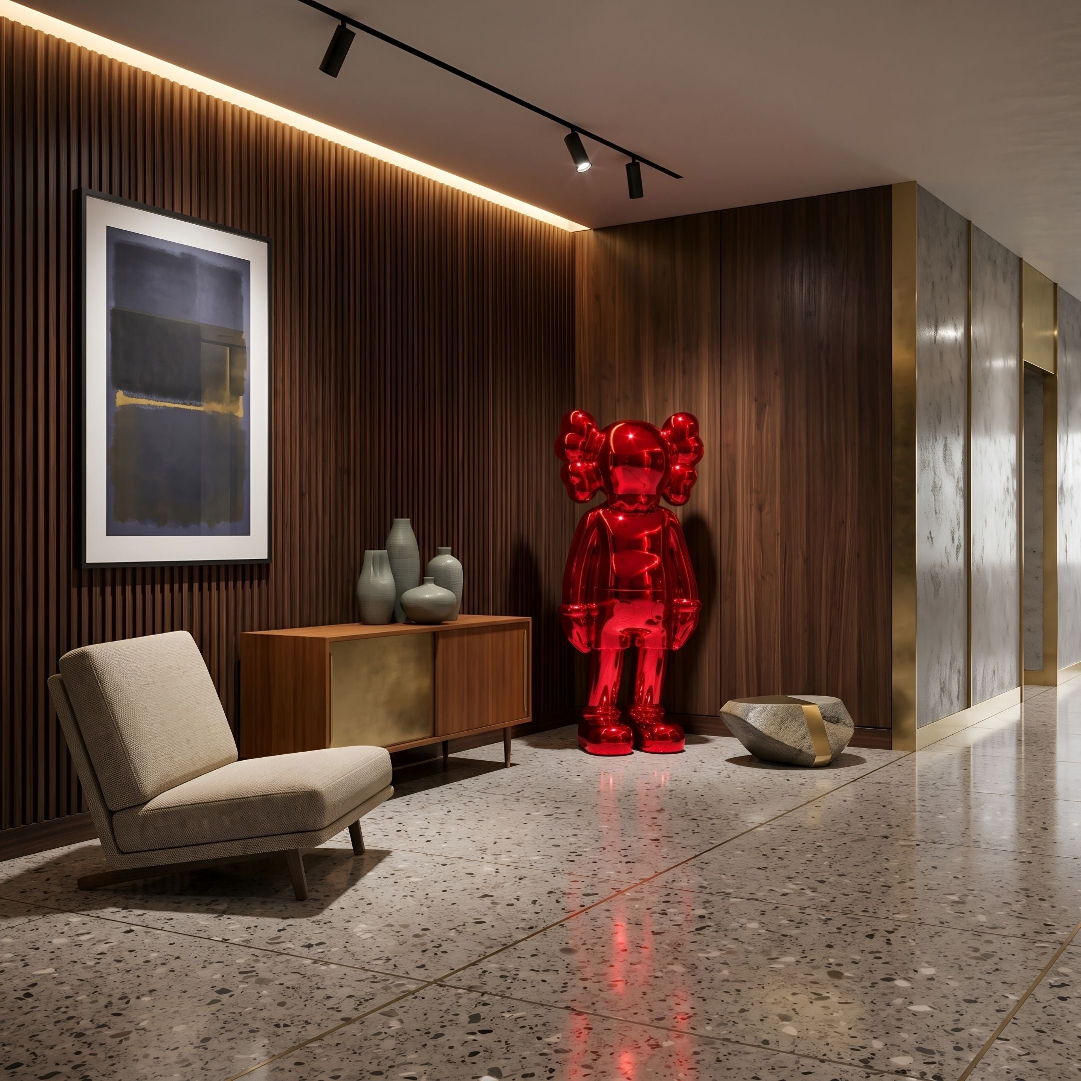 Ruby Red Iconify Standing Sculpture, 135cm, glossy red figure in a wood-paneled lobby beside a sideboard, armchair, and framed art.